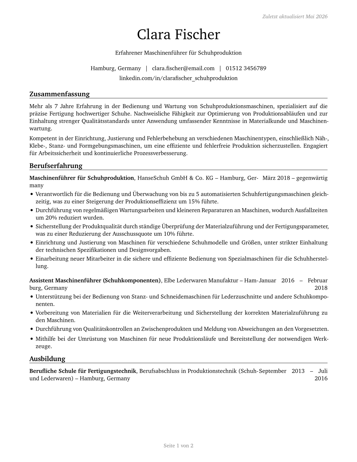 Shoe Machine Operators and Tenders CV in German — page 1