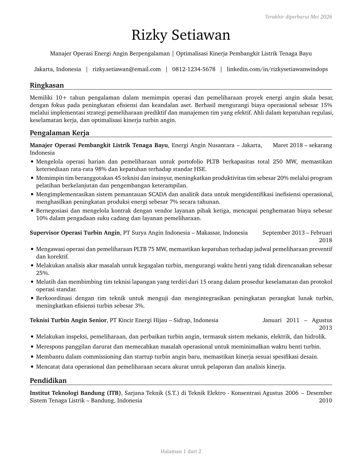 Wind Energy Operations Managers CV in Indonesian — page 1