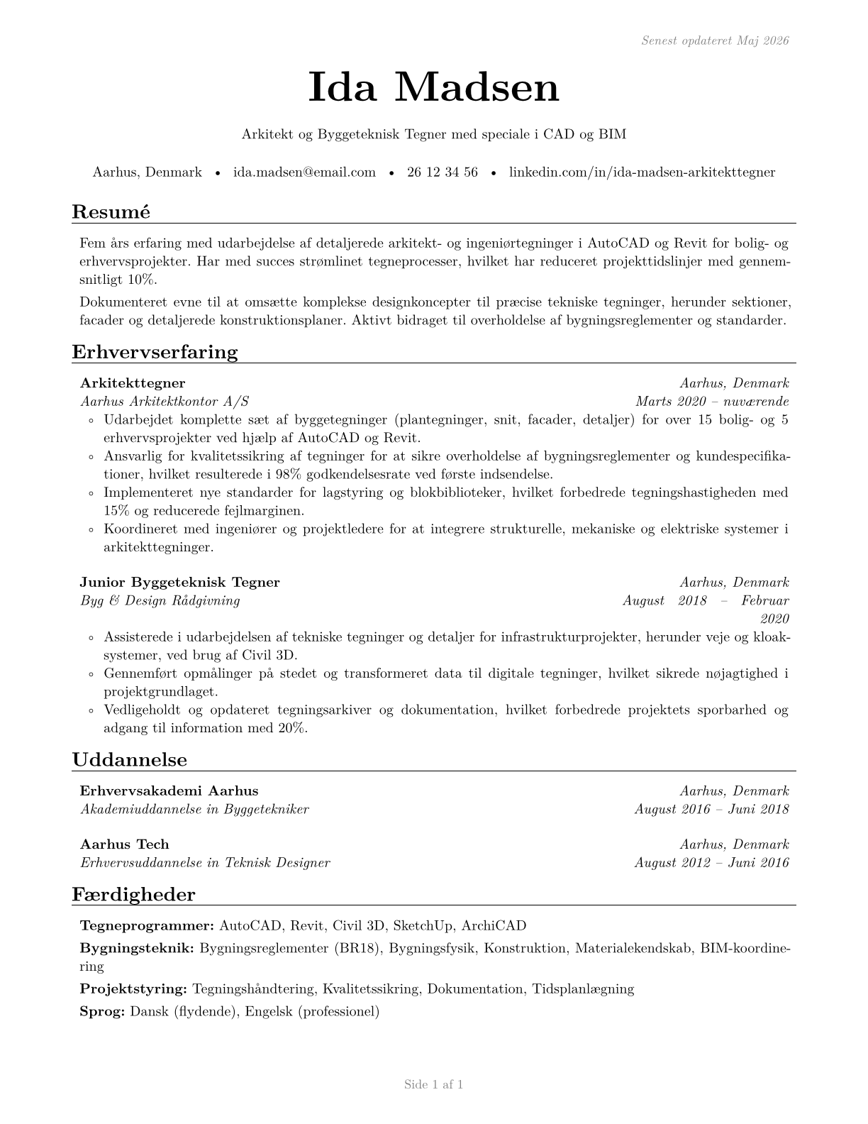 Architectural and Civil Drafters CV in Danish — page 1