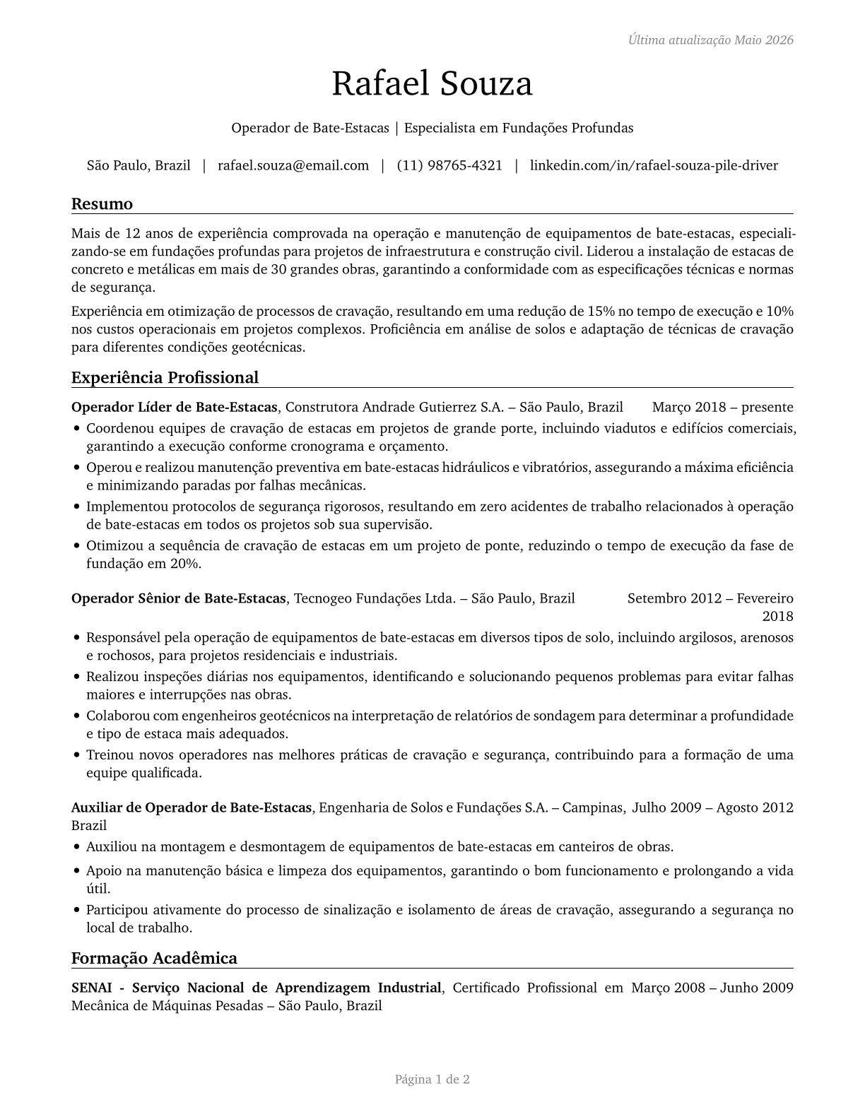 Pile Driver Operators CV in Portuguese — page 1