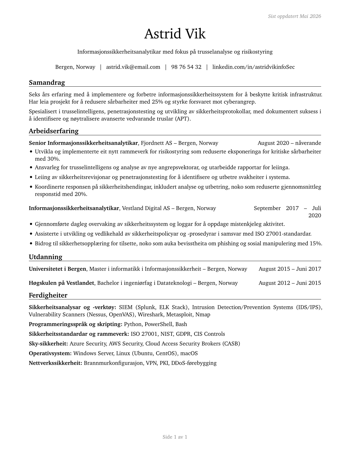Information Security Analysts CV in Norwegian_nynorsk — page 1