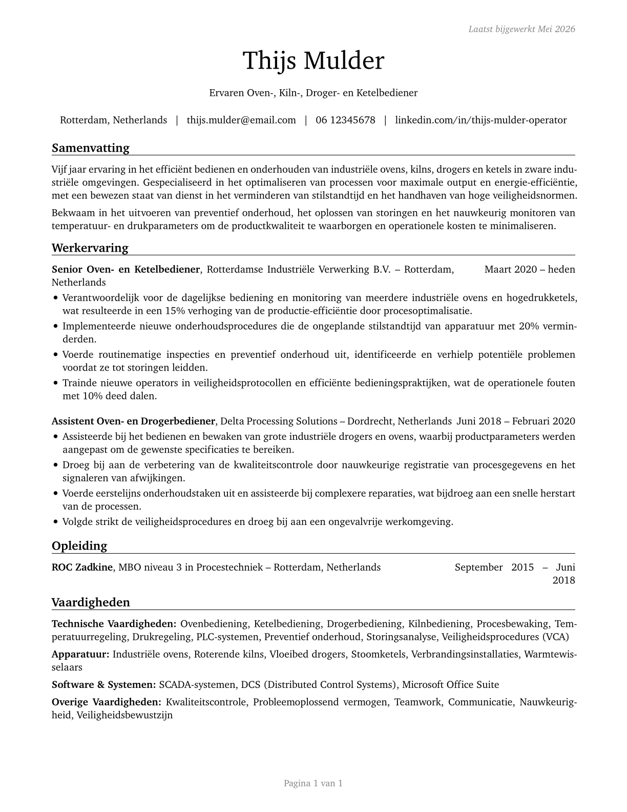 Furnace, Kiln, Oven, Drier, and Kettle Operators and Tenders CV in Dutch — page 1