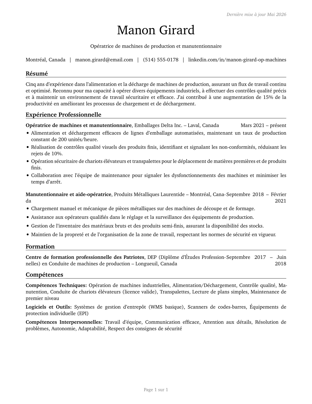 Machine Feeders and Offbearers CV in French — page 1