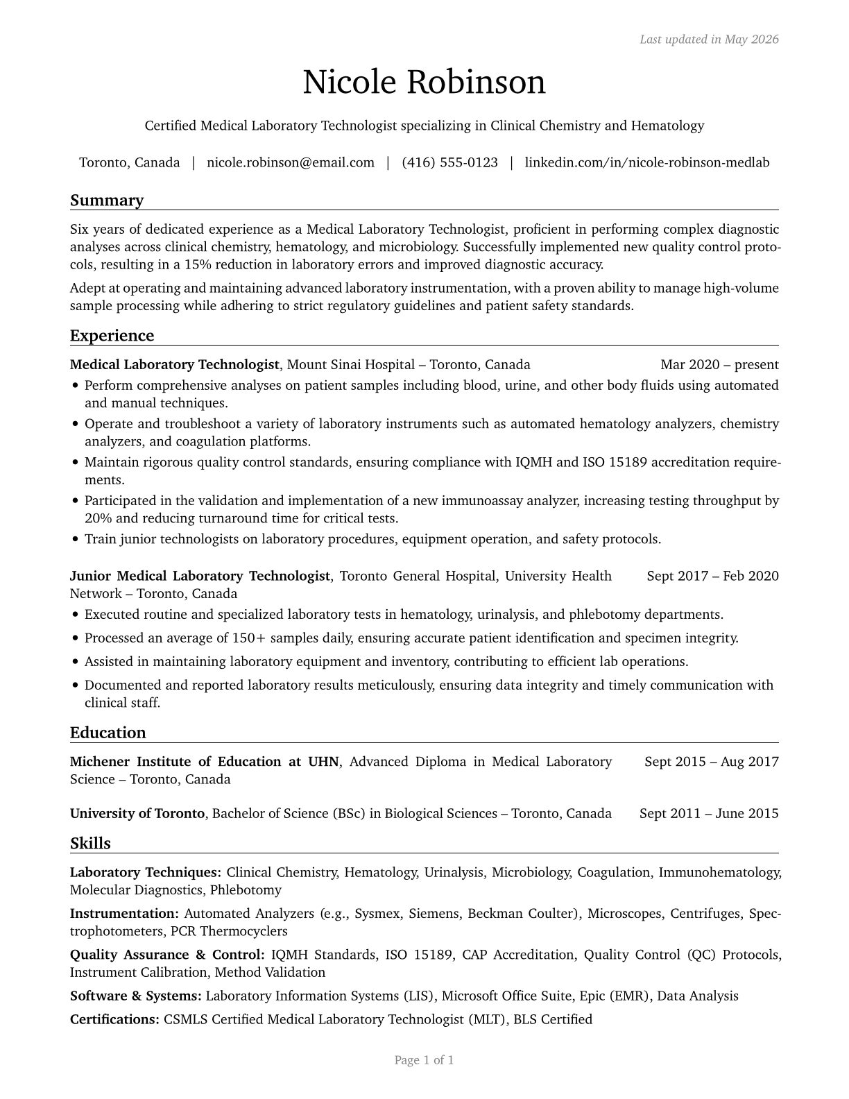 Medical and Clinical Laboratory Technologists CV in English — page 1