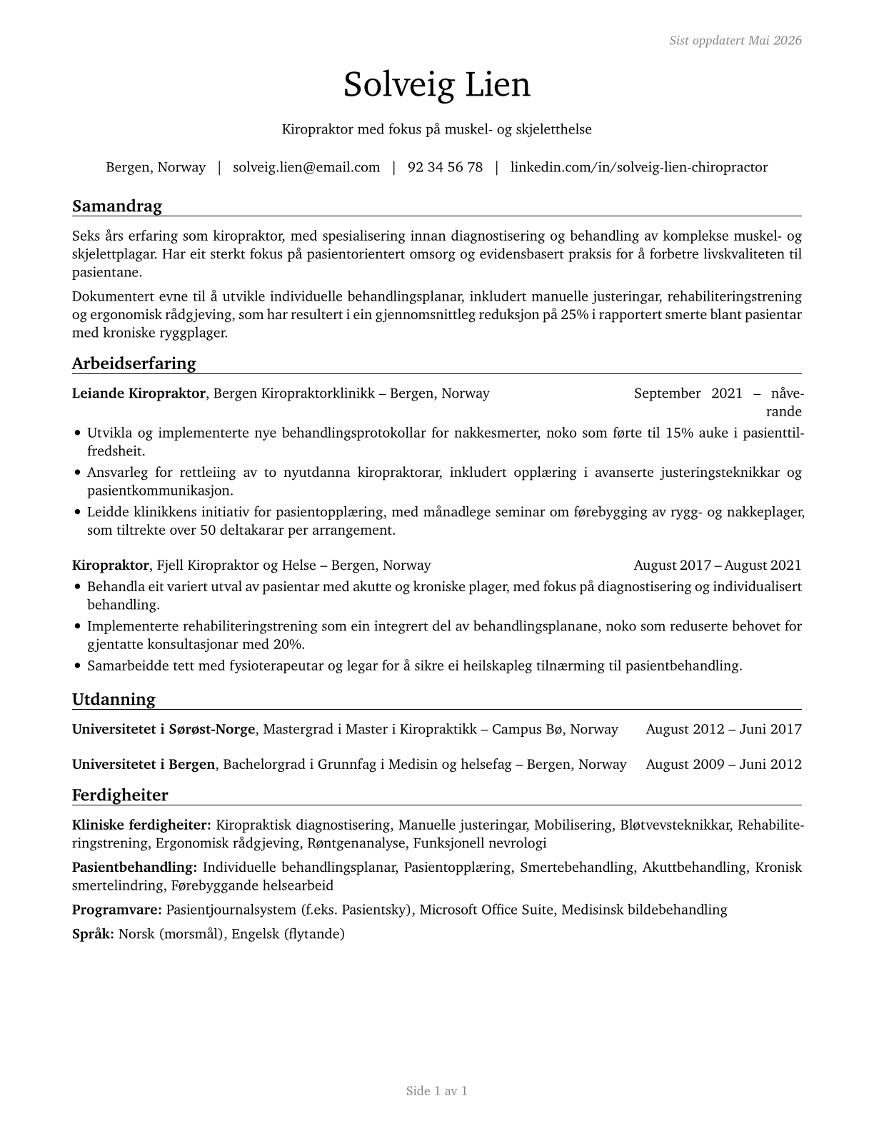 Chiropractors CV in Norwegian_nynorsk — page 1