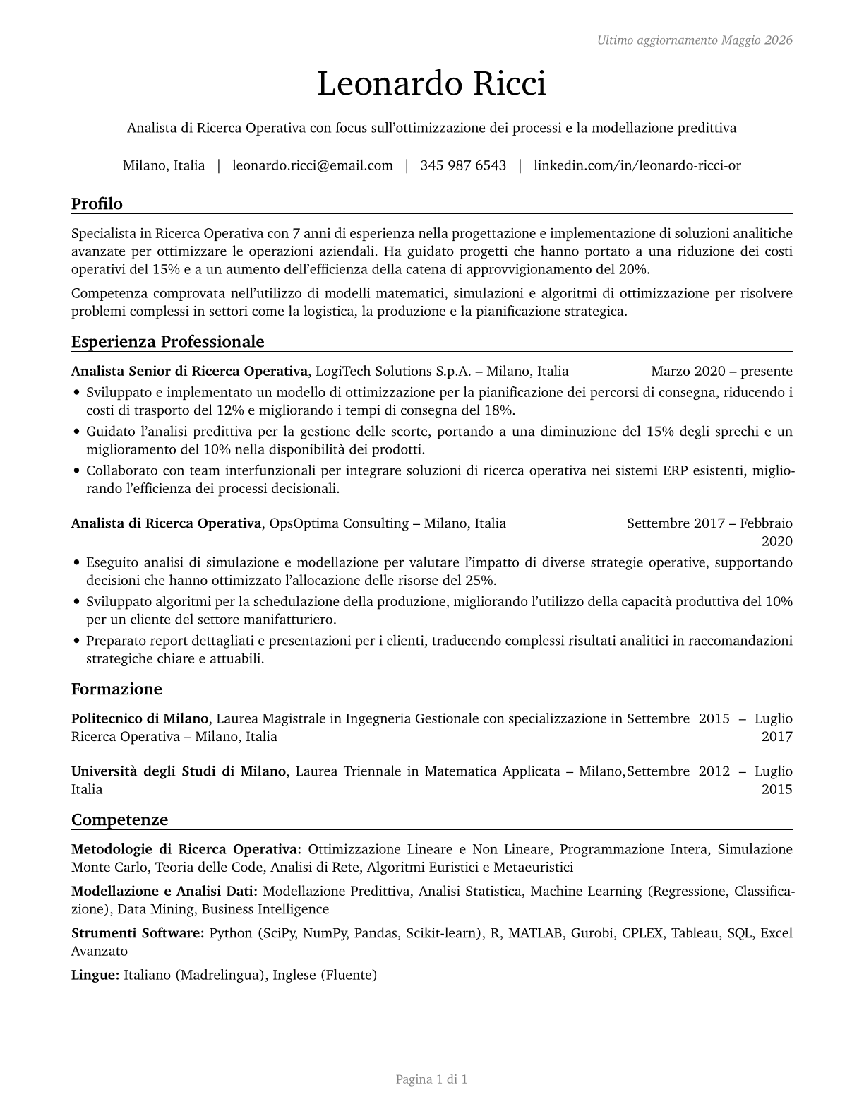 Operations Research Analysts CV in Italian — page 1