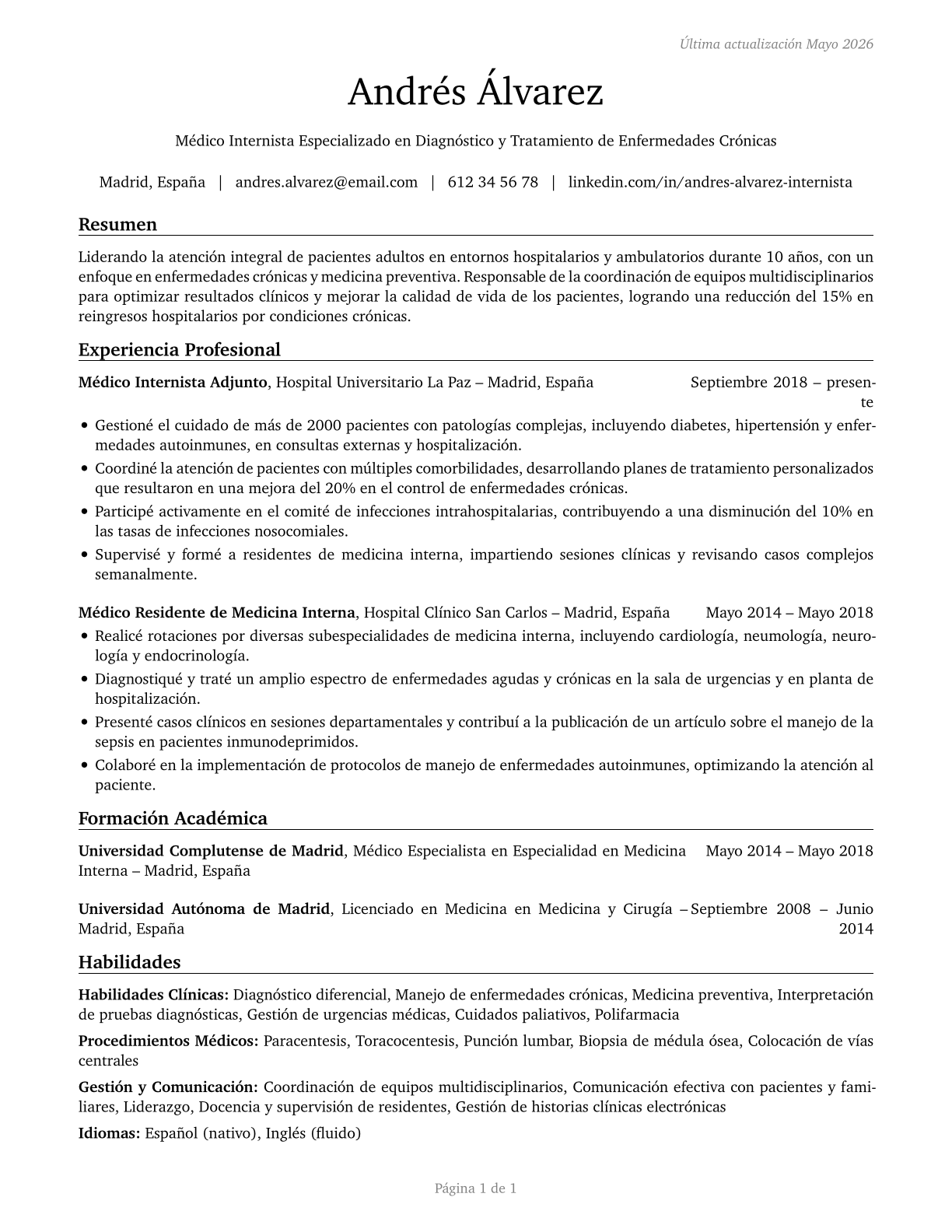 General Internal Medicine Physicians CV in Spanish — page 1