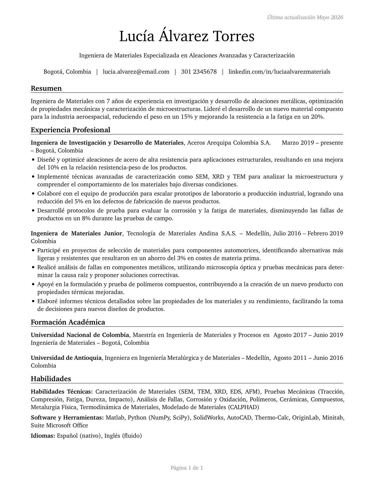 Materials Engineers CV in Spanish — page 1