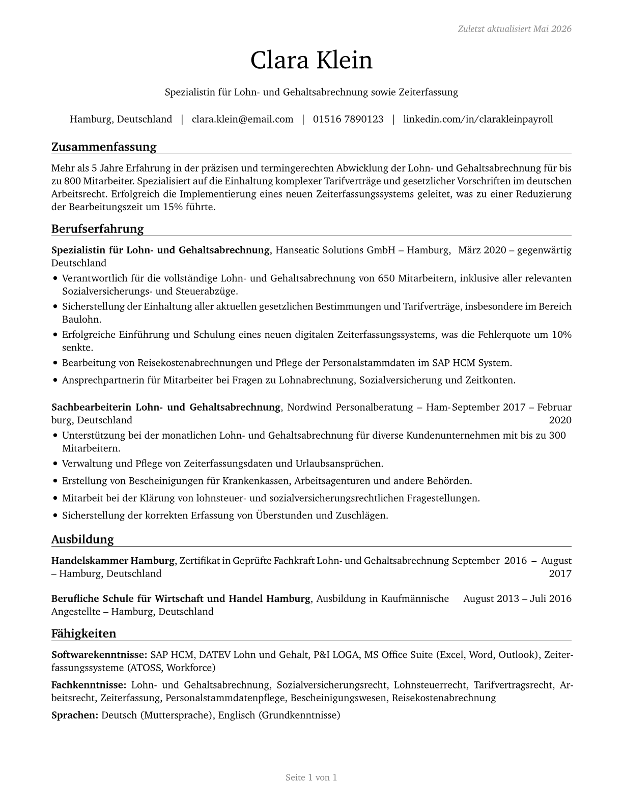 Payroll and Timekeeping Clerks CV in German — page 1