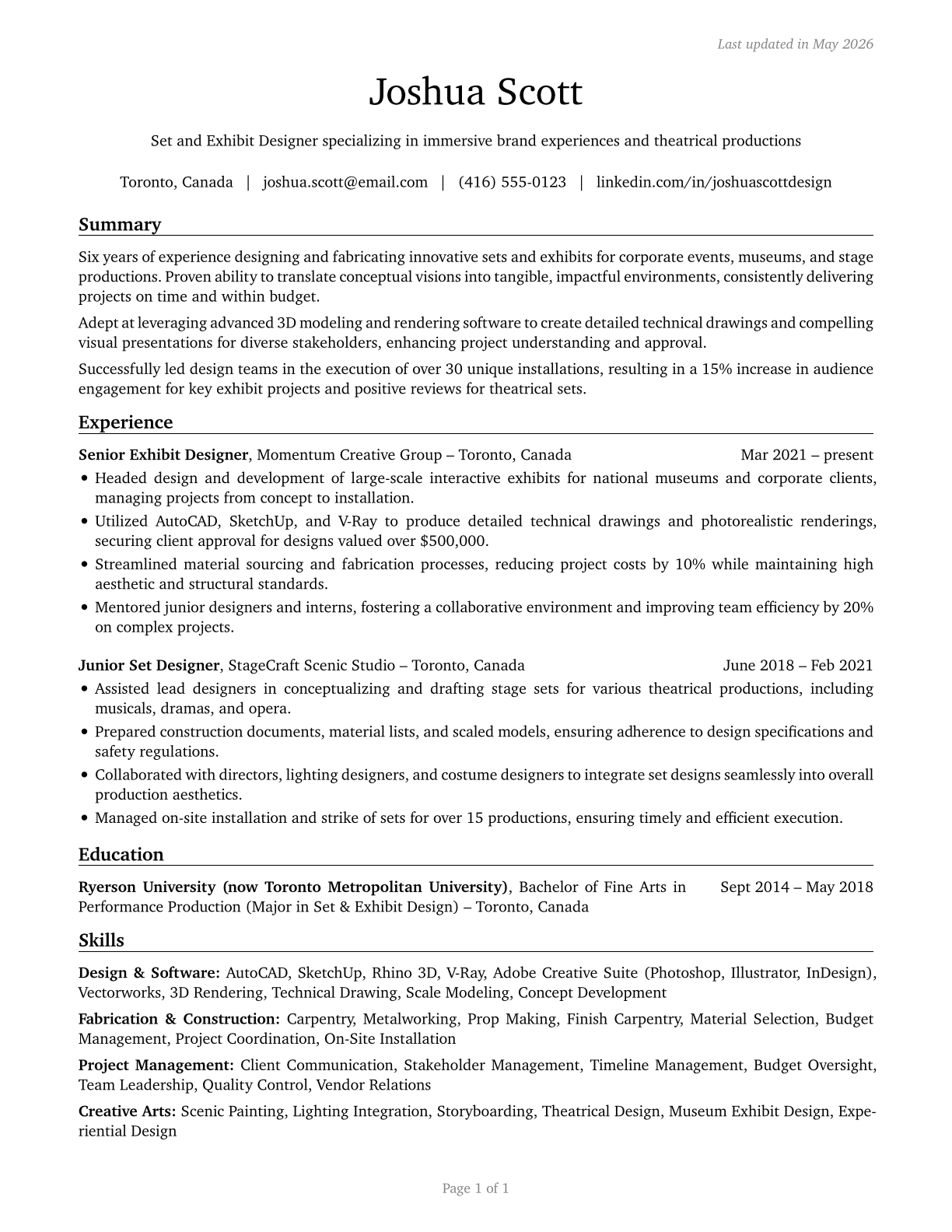 Set and Exhibit Designers CV in English — page 1