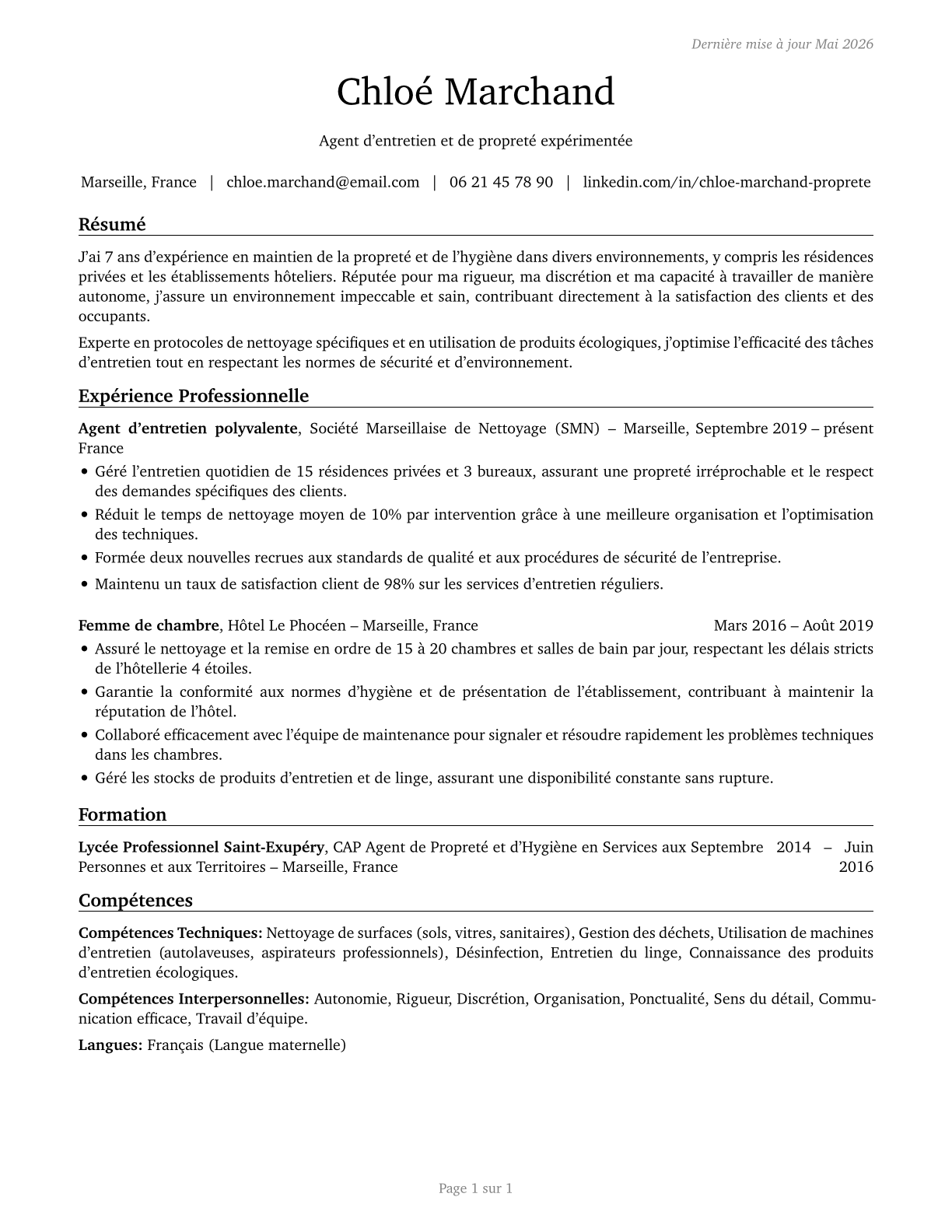 Maids and Housekeeping Cleaners CV in French — page 1