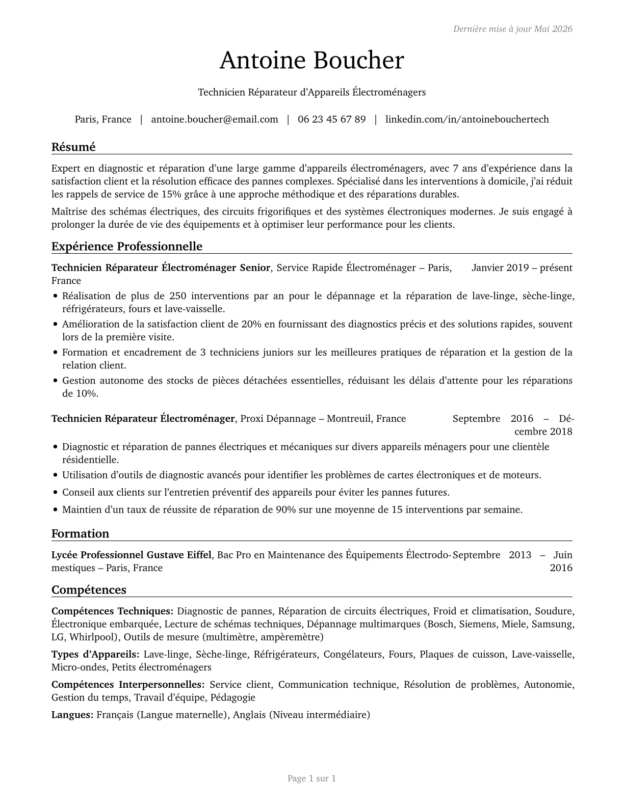Home Appliance Repairers CV in French — page 1