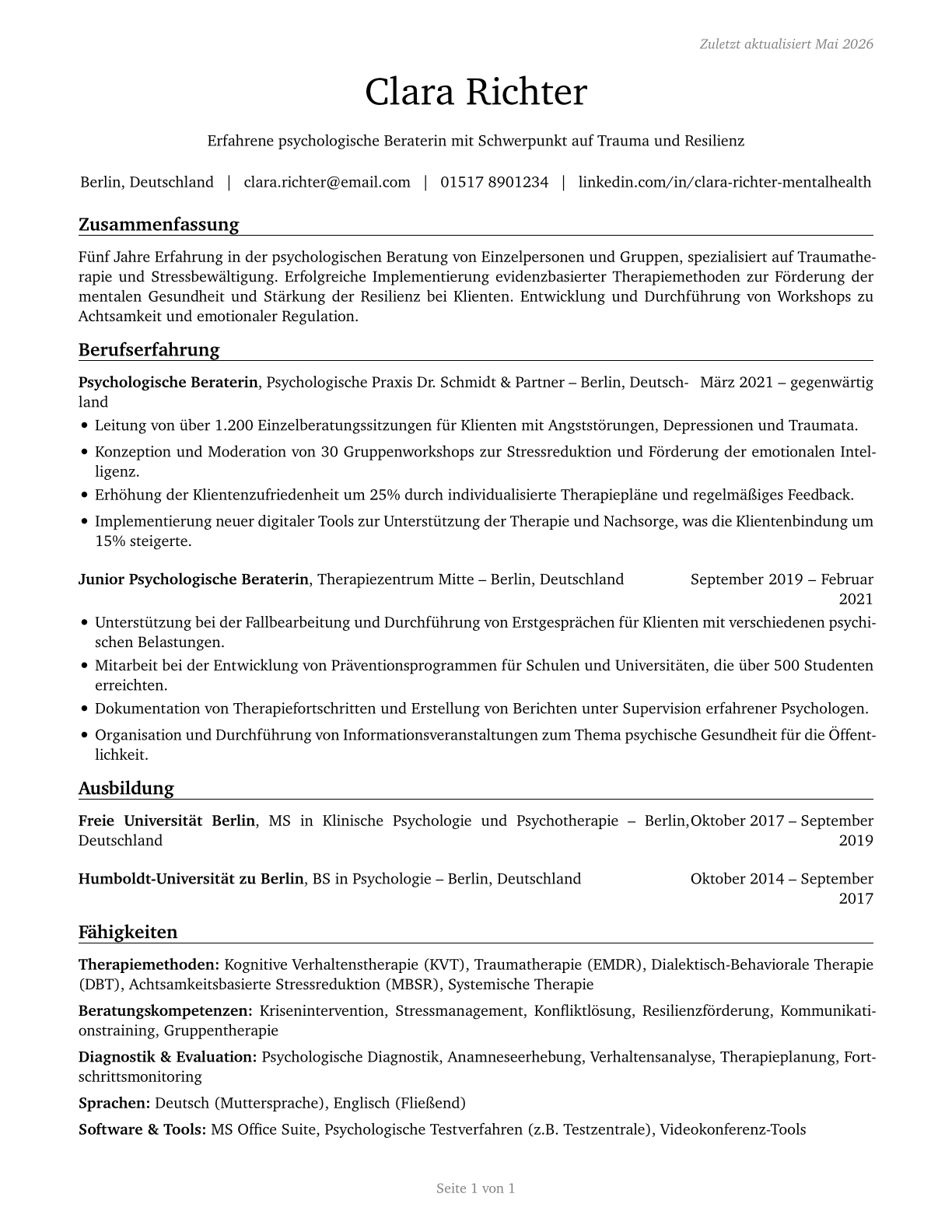 Mental Health Counselors CV in German — page 1