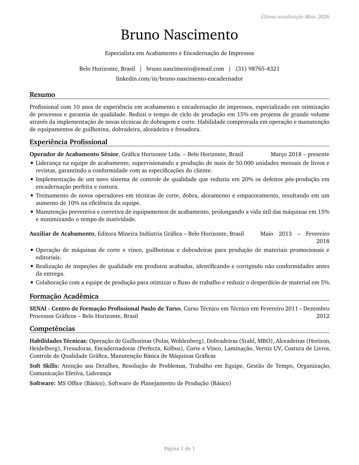 Print Binding and Finishing Workers CV in Portuguese — page 1