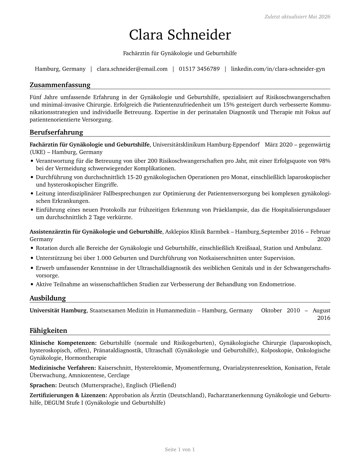 Obstetricians and Gynecologists CV in German — page 1