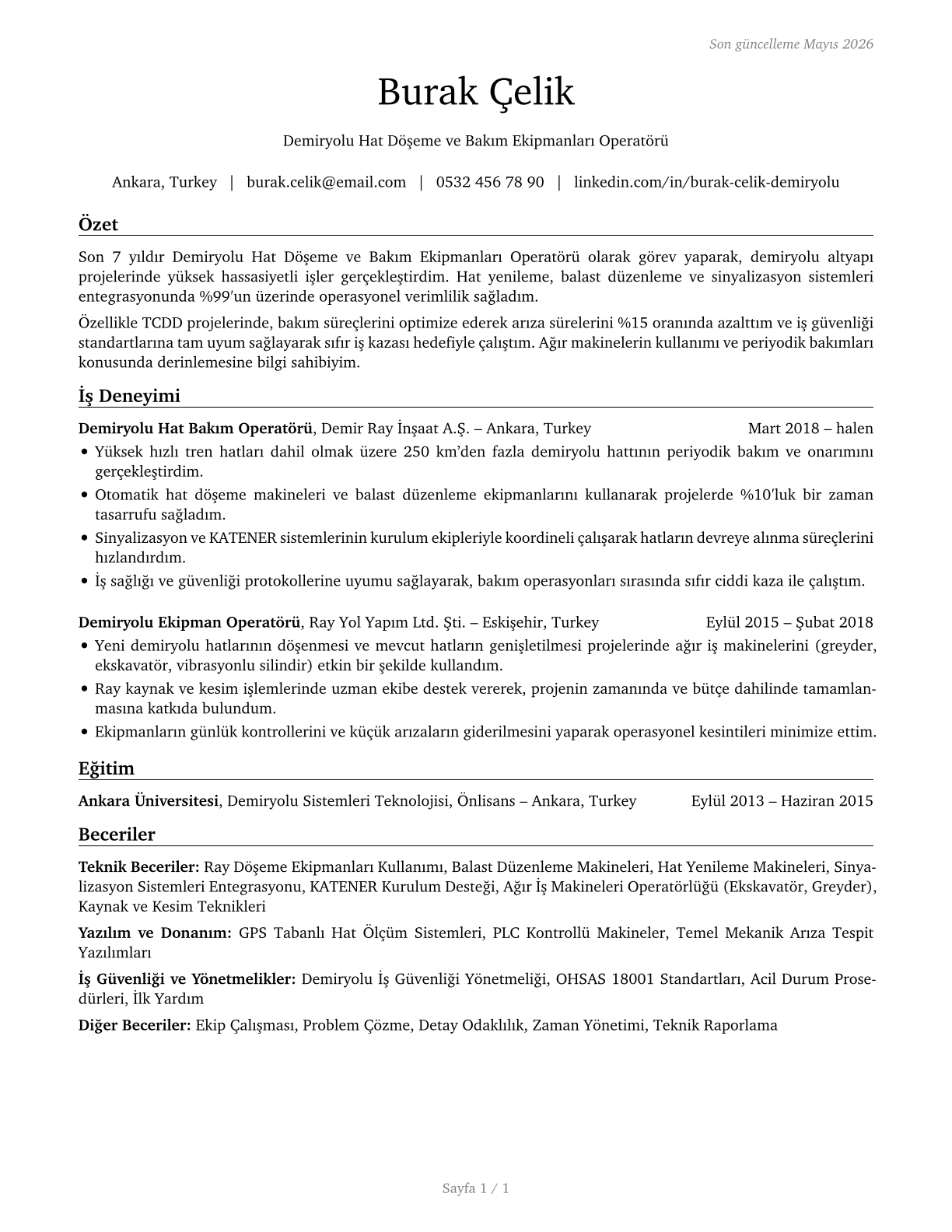 Rail-Track Laying and Maintenance Equipment Operators CV in Turkish — page 1