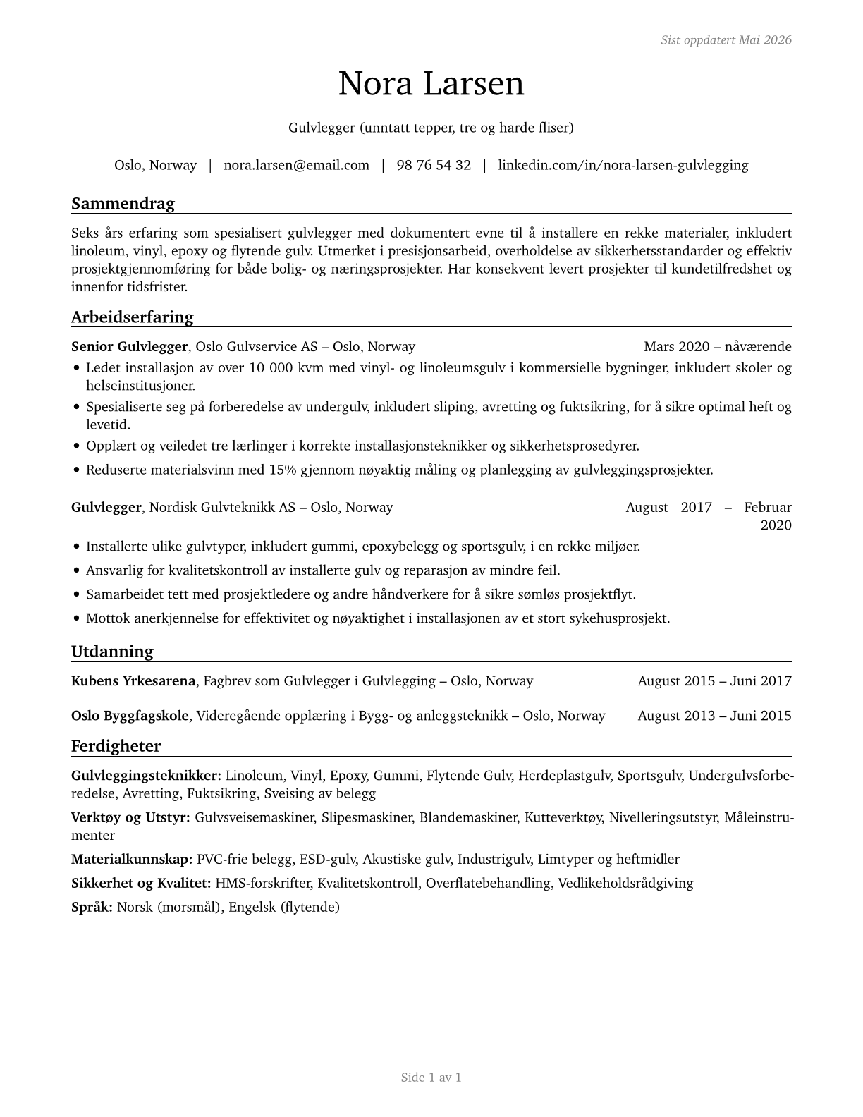 Floor Layers, Except Carpet, Wood, and Hard Tiles CV in Norwegian_bokmal — page 1