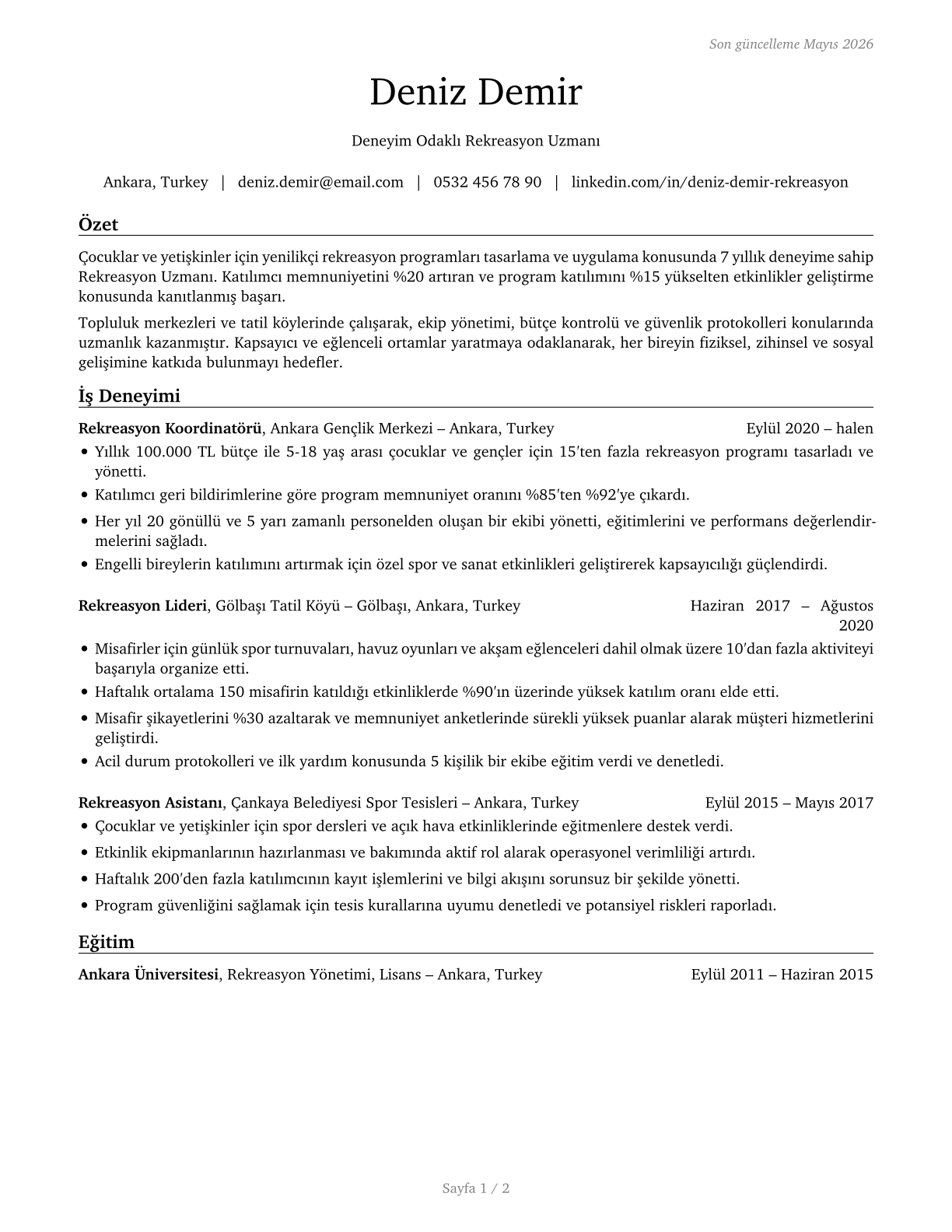Recreation Workers CV in Turkish — page 1