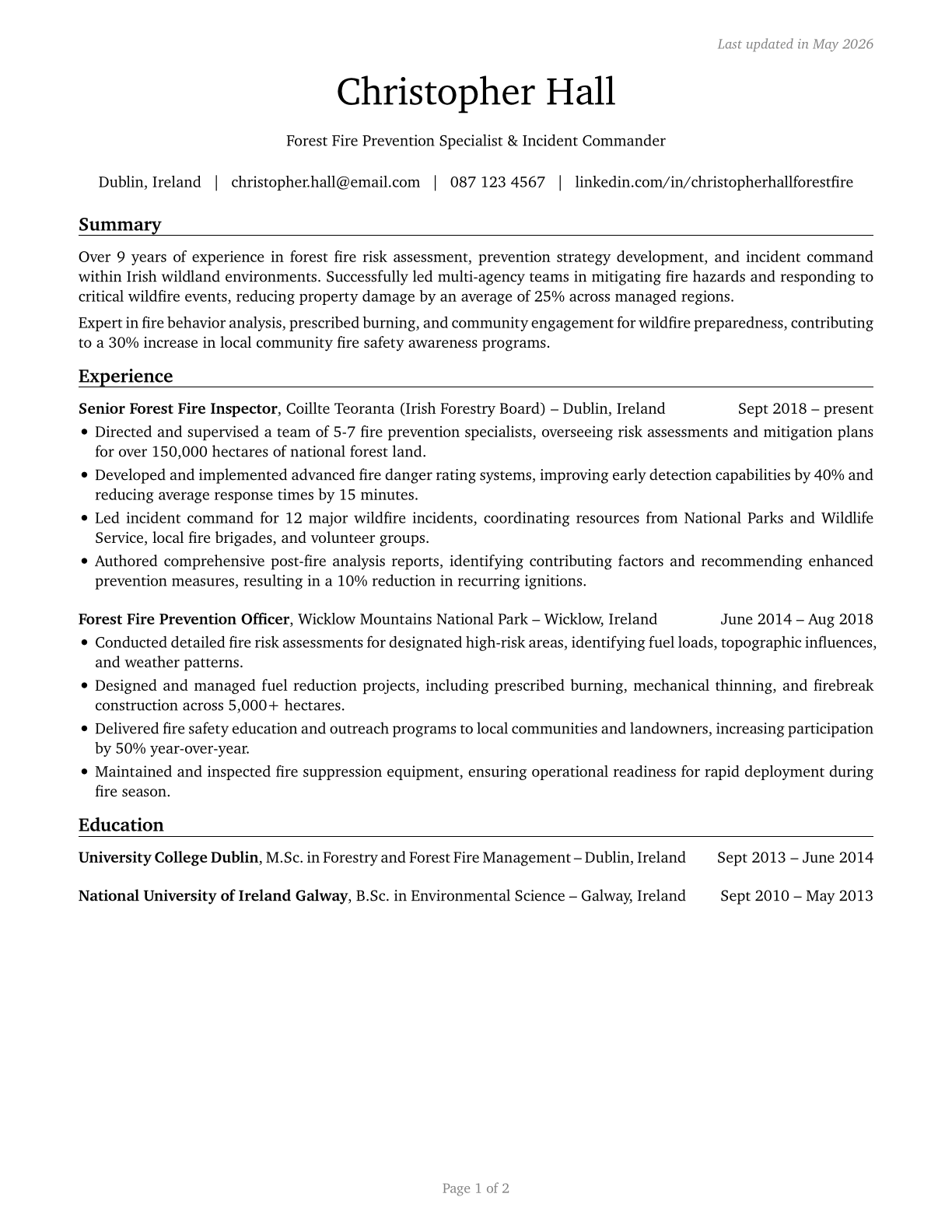 Forest Fire Inspectors and Prevention Specialists CV in English — page 1