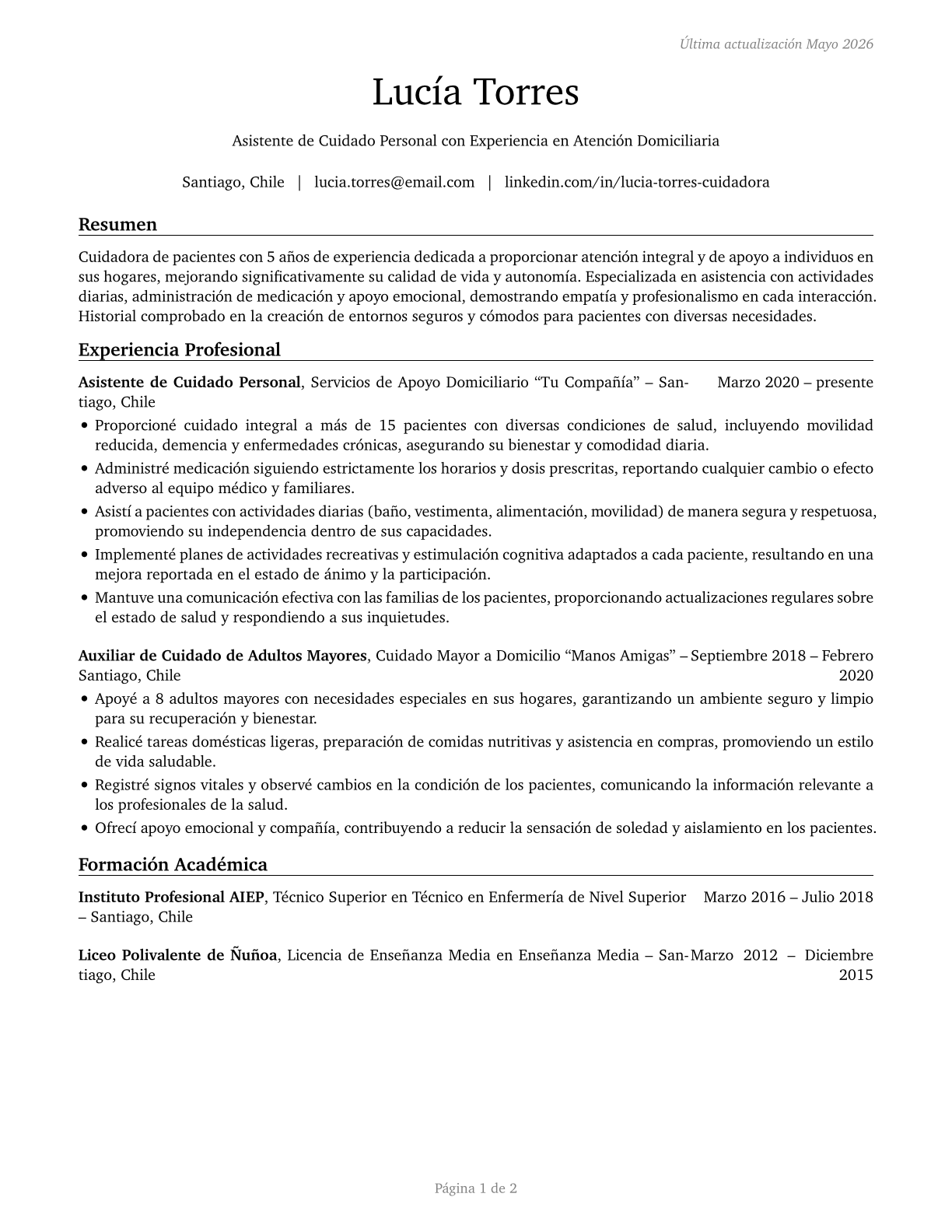 Personal Care Aides CV in Spanish — page 1