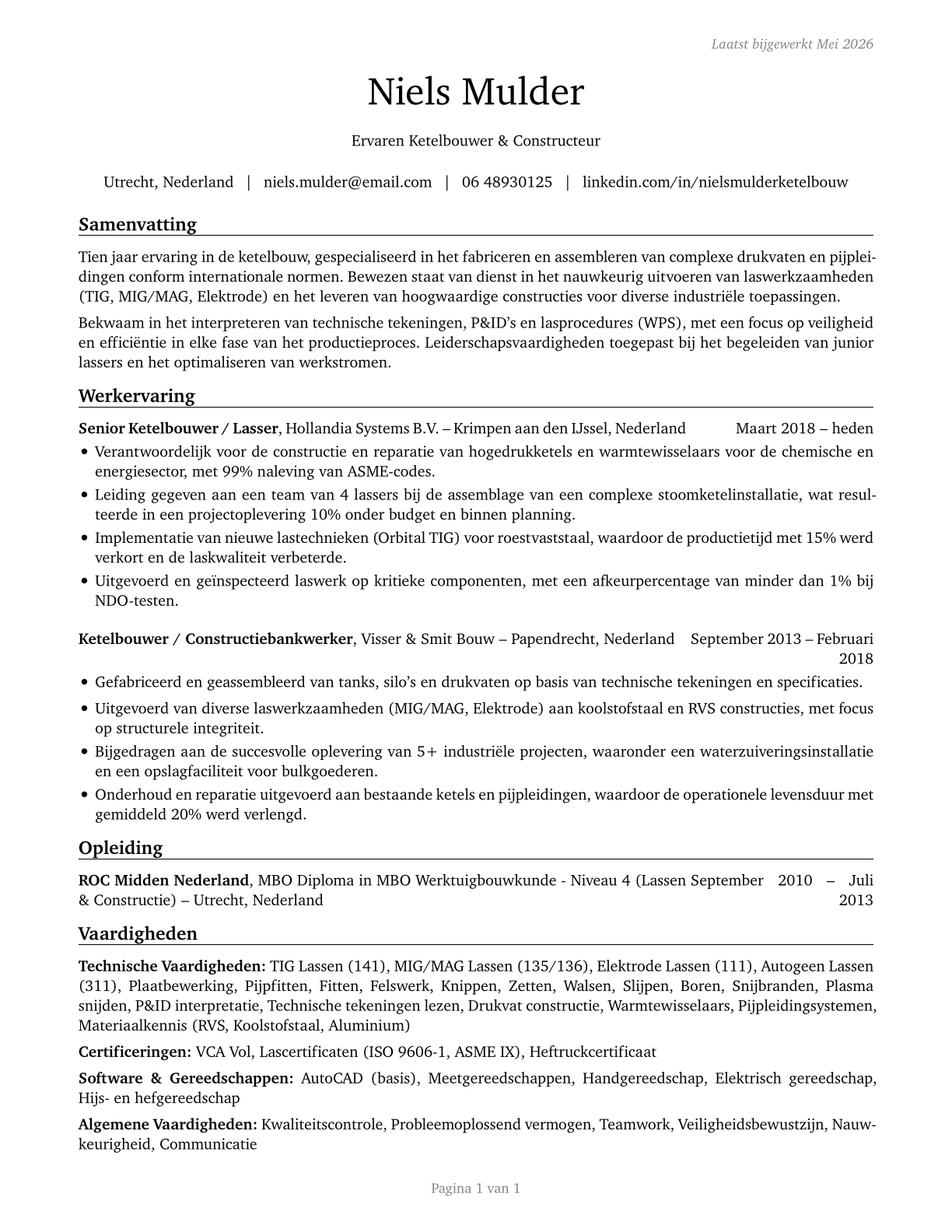 Boilermakers CV in Dutch — page 1