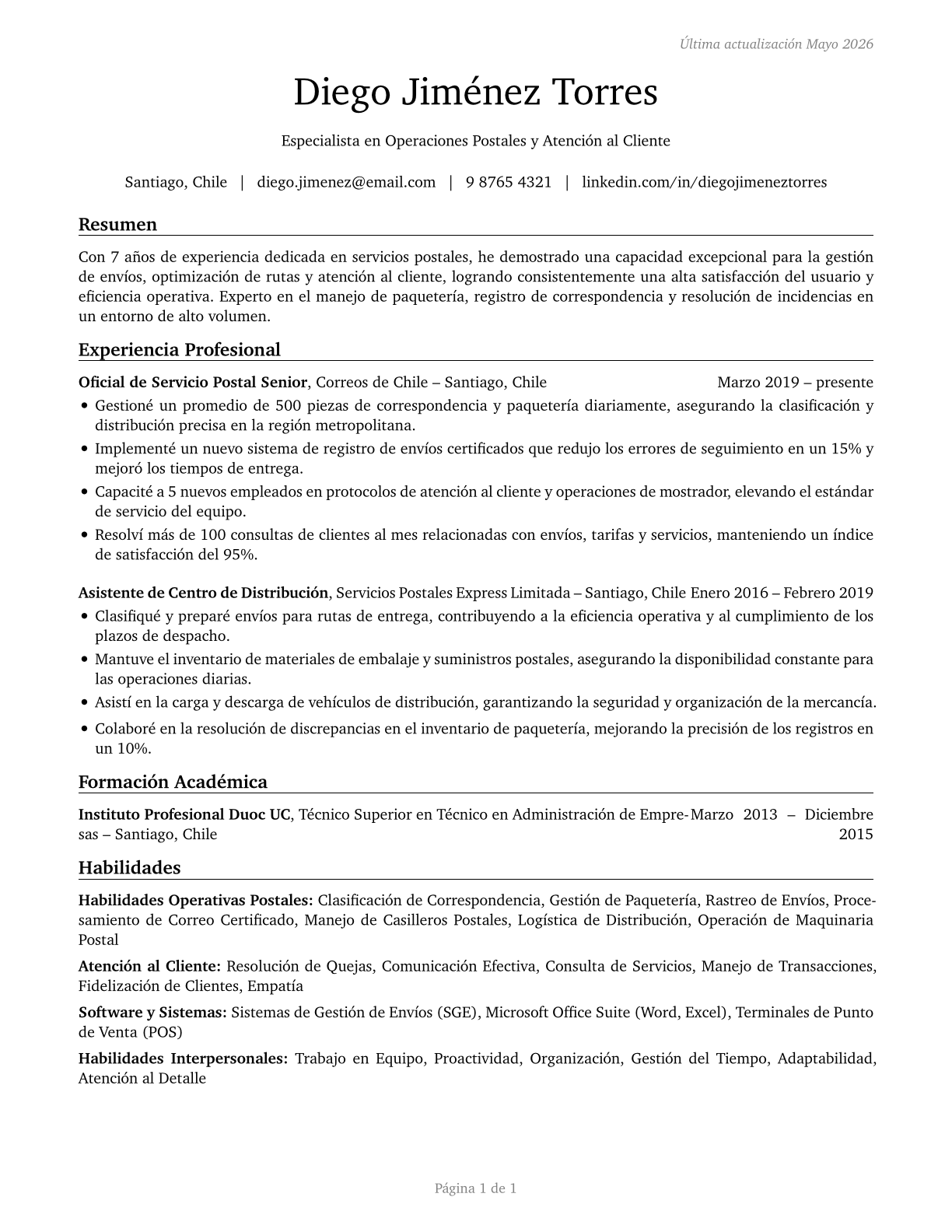 Postal Service Clerks CV in Spanish — page 1