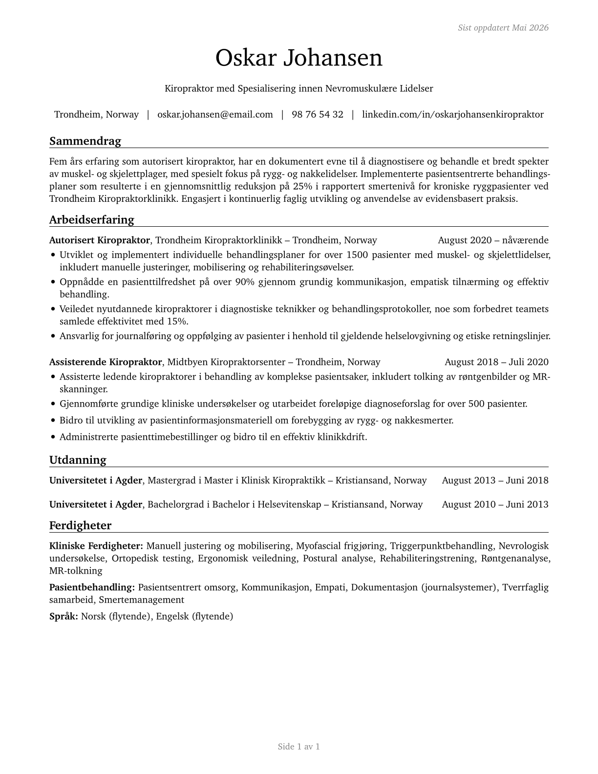 Chiropractors CV in Norwegian_bokmal — page 1