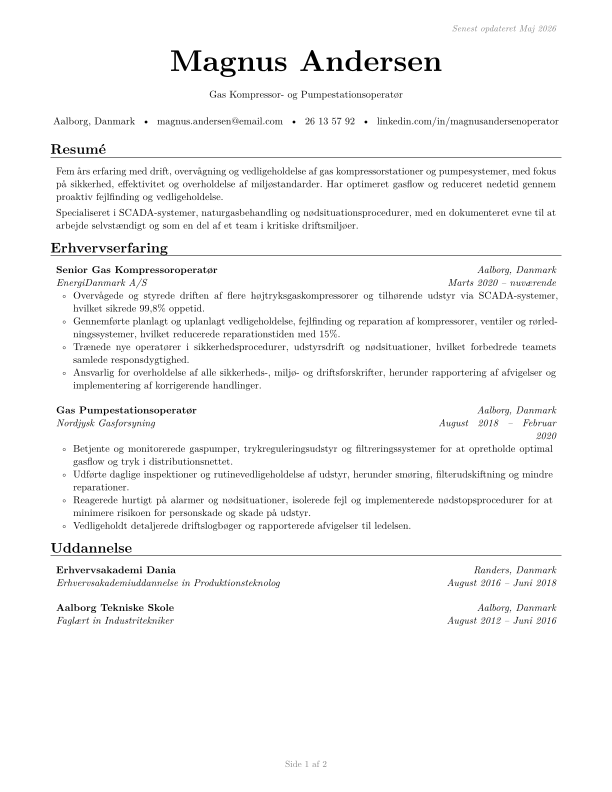 Gas Compressor and Gas Pumping Station Operators CV in Danish — page 1