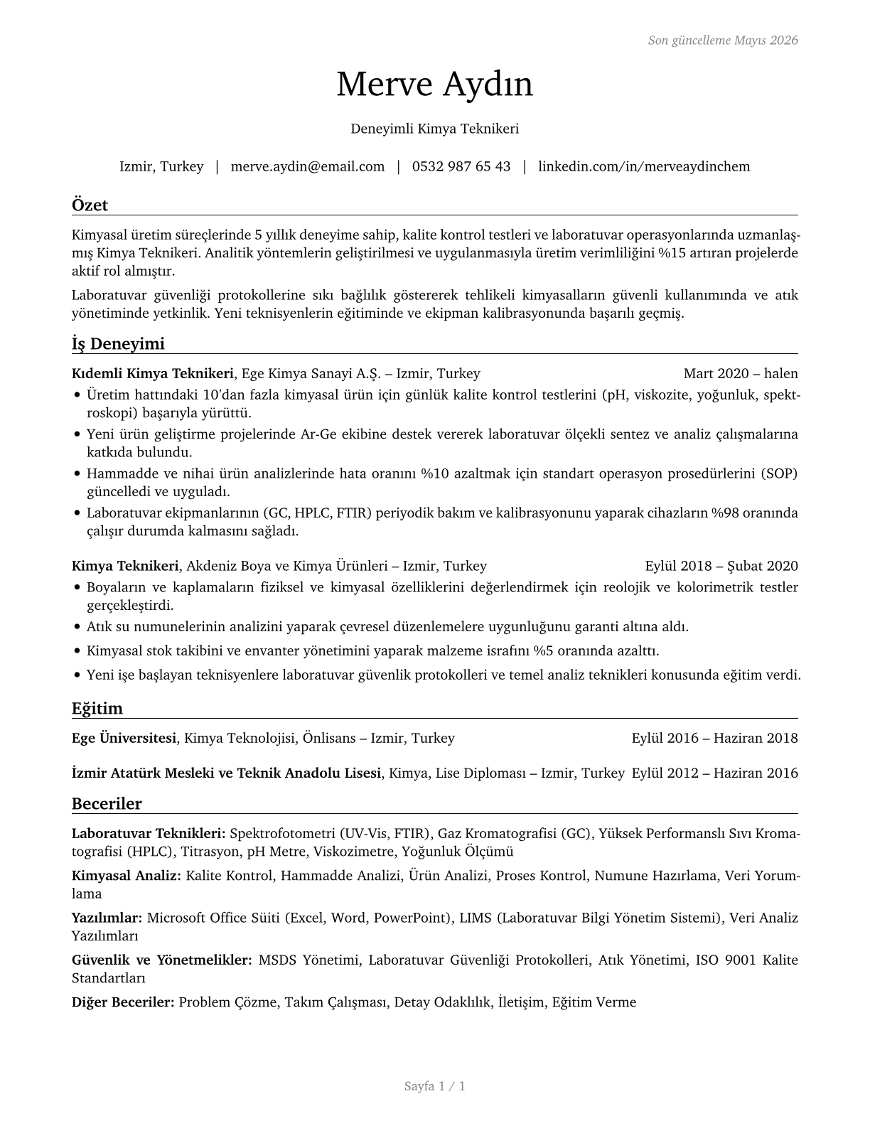 Chemical Technicians CV in Turkish — page 1