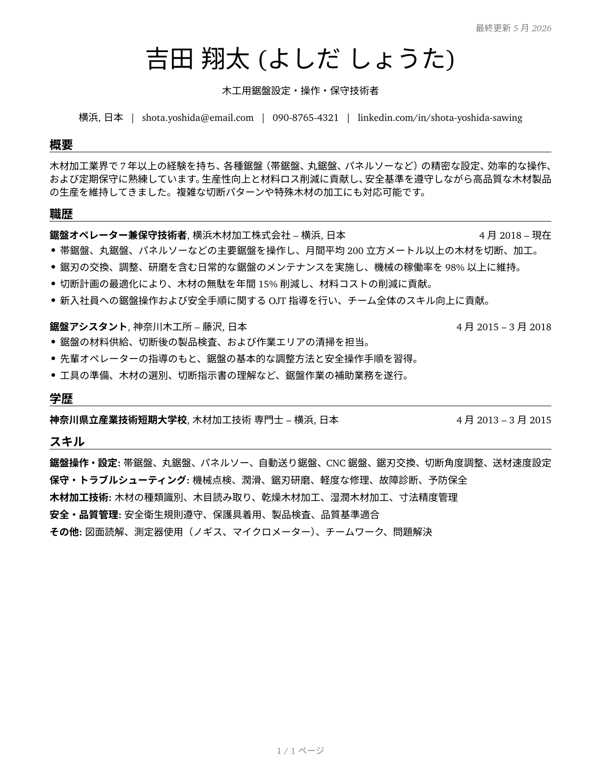 Sawing Machine Setters, Operators, and Tenders, Wood CV in Japanese — page 1