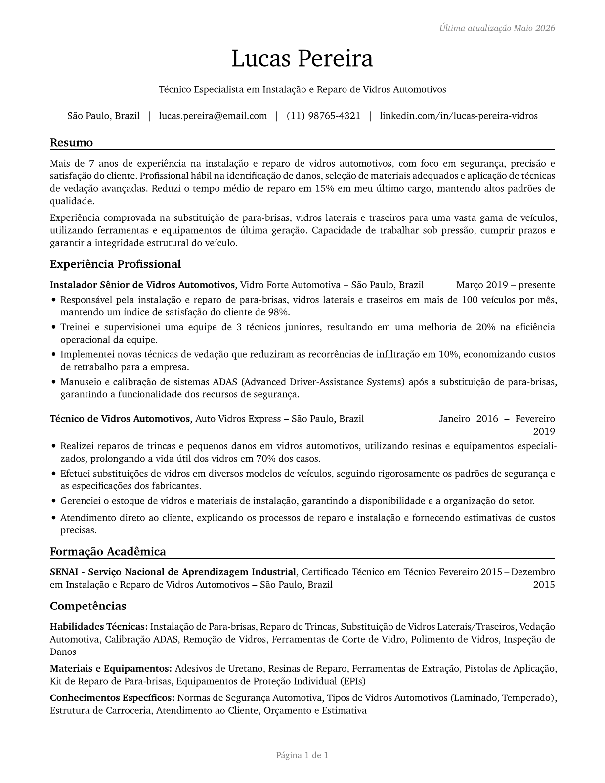 Automotive Glass Installers and Repairers CV in Portuguese — page 1