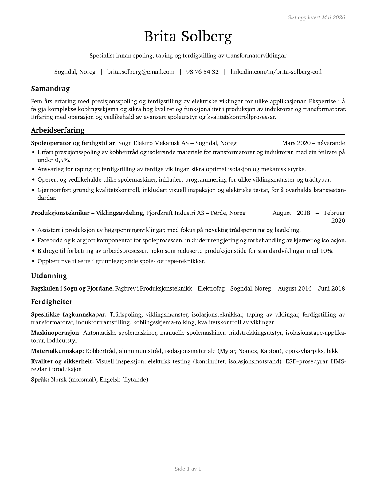 Coil Winders, Tapers, and Finishers CV in Norwegian_nynorsk — page 1