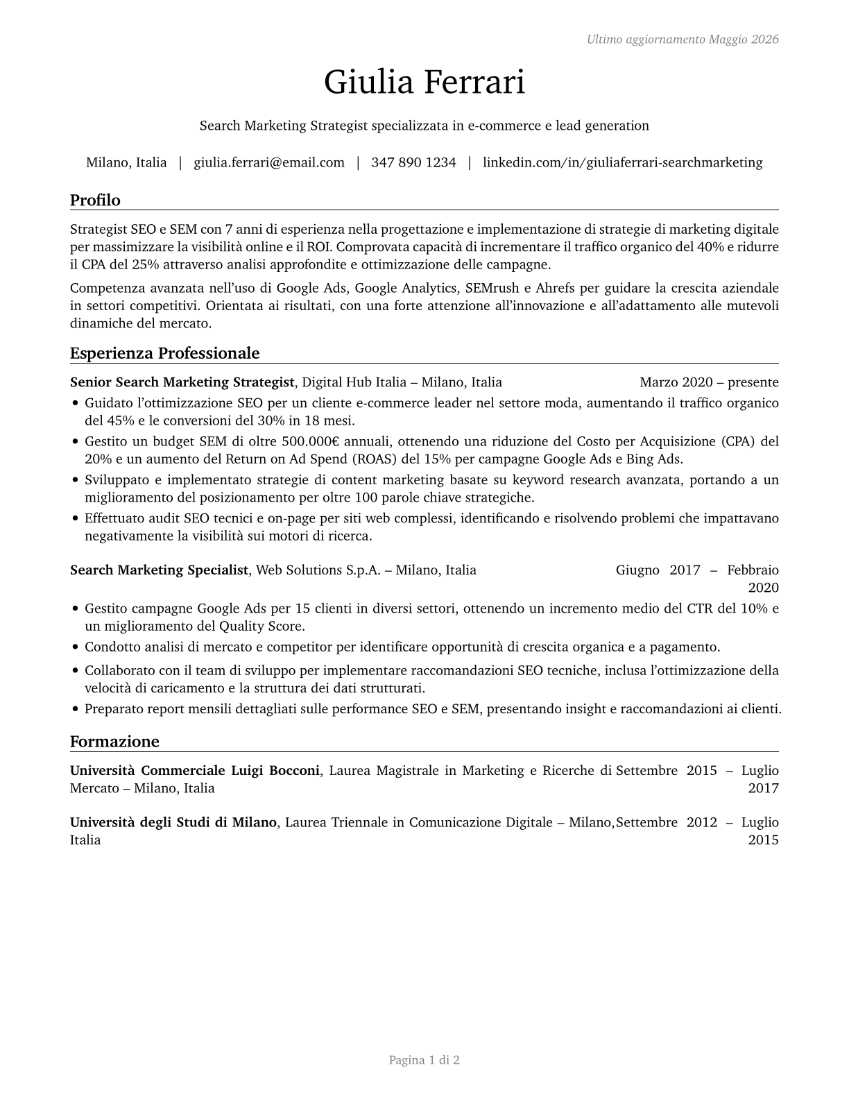 Search Marketing Strategists CV in Italian — page 1