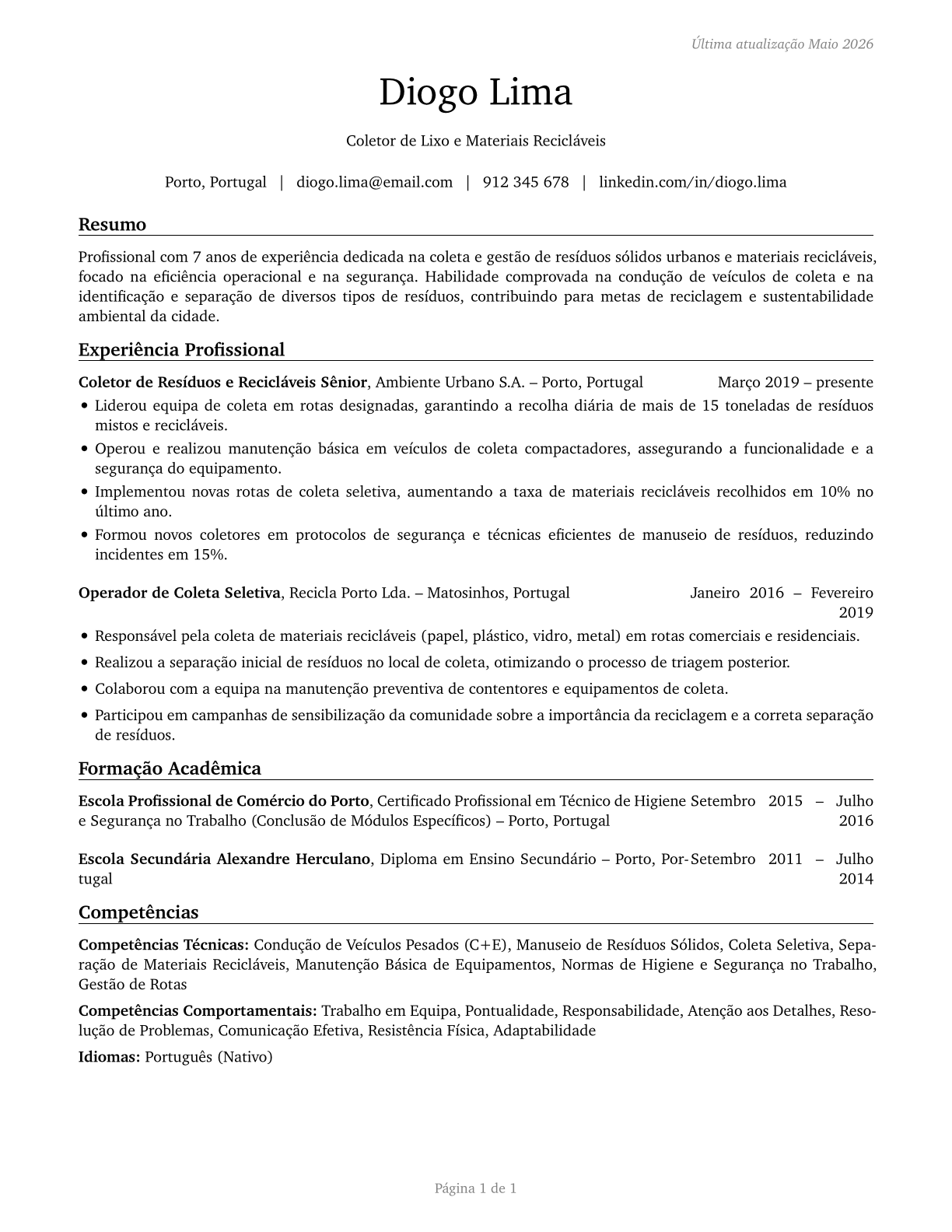 Refuse and Recyclable Material Collectors CV in Portuguese — page 1