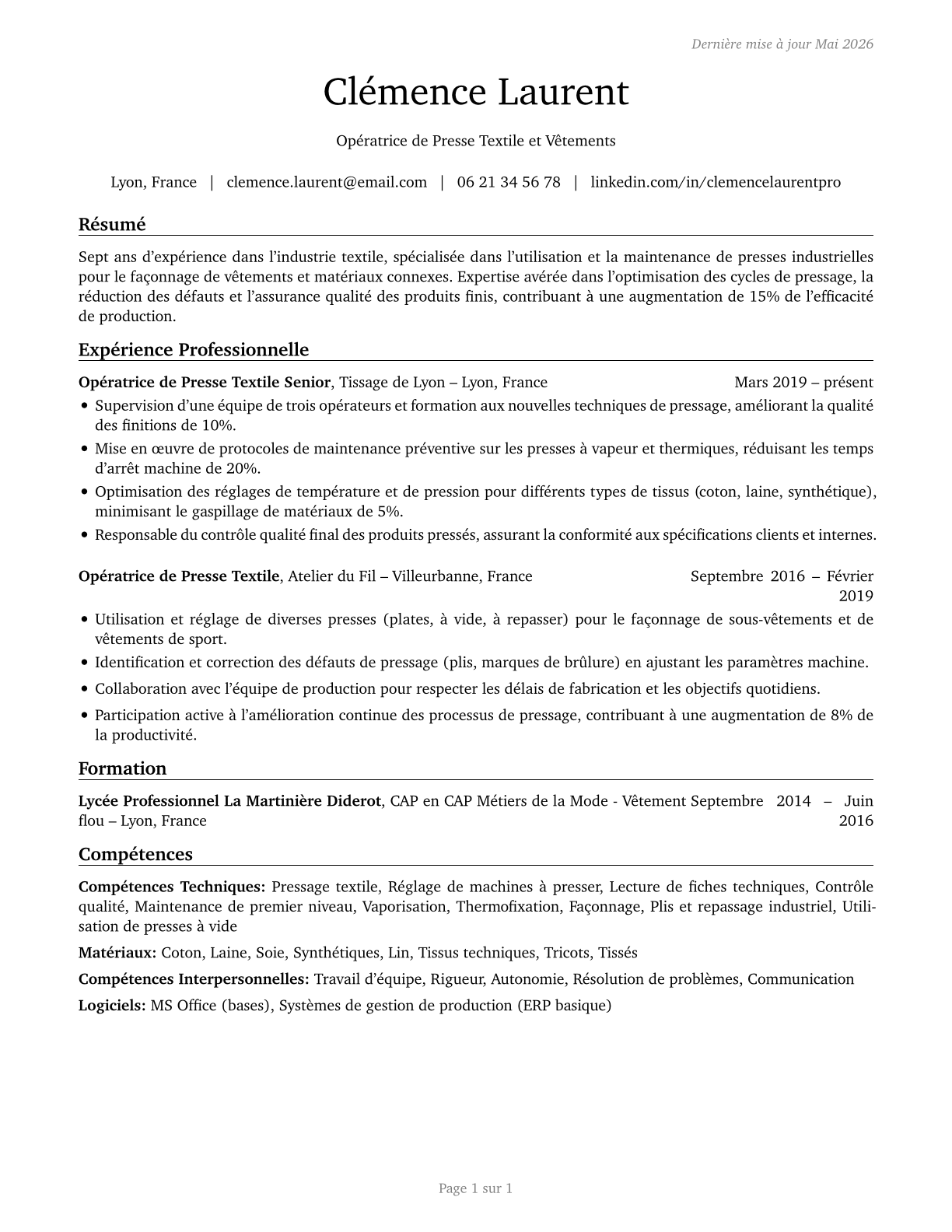 Pressers, Textile, Garment, and Related Materials CV in French — page 1