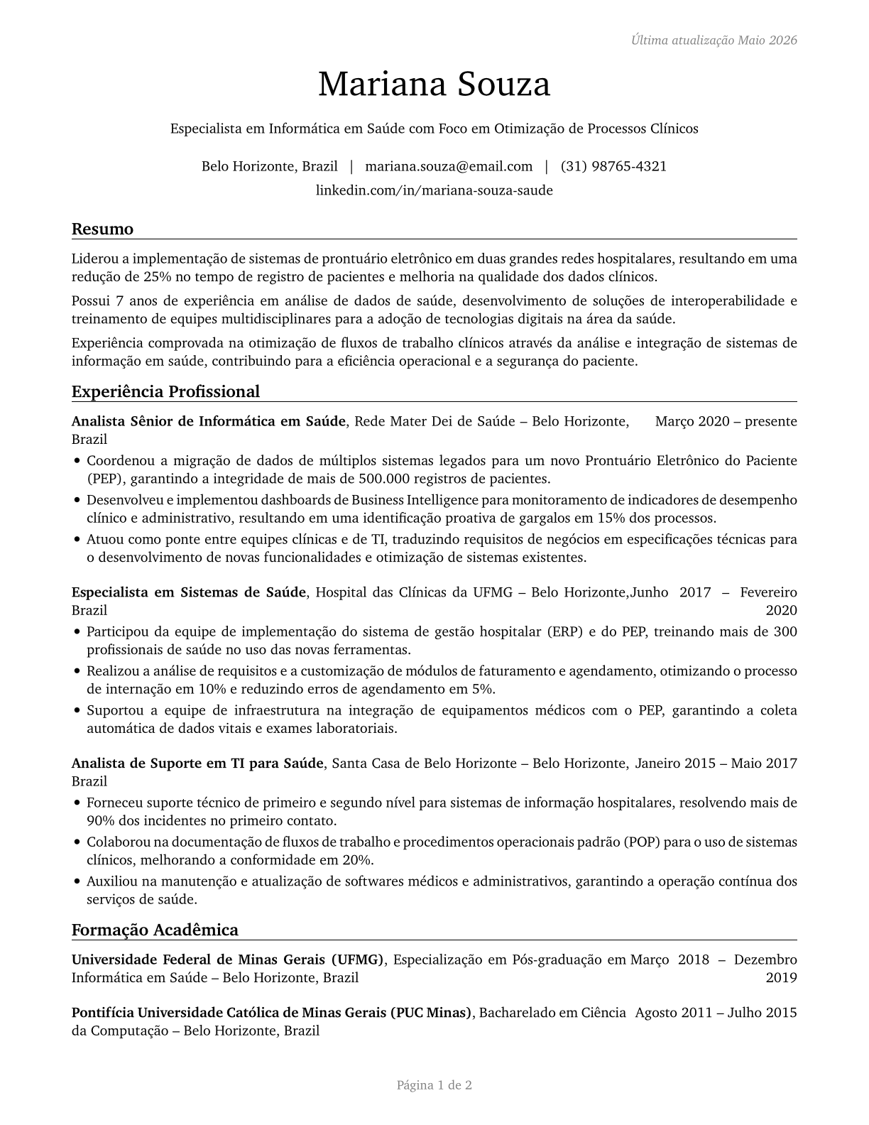 Health Informatics Specialists CV in Portuguese — page 1