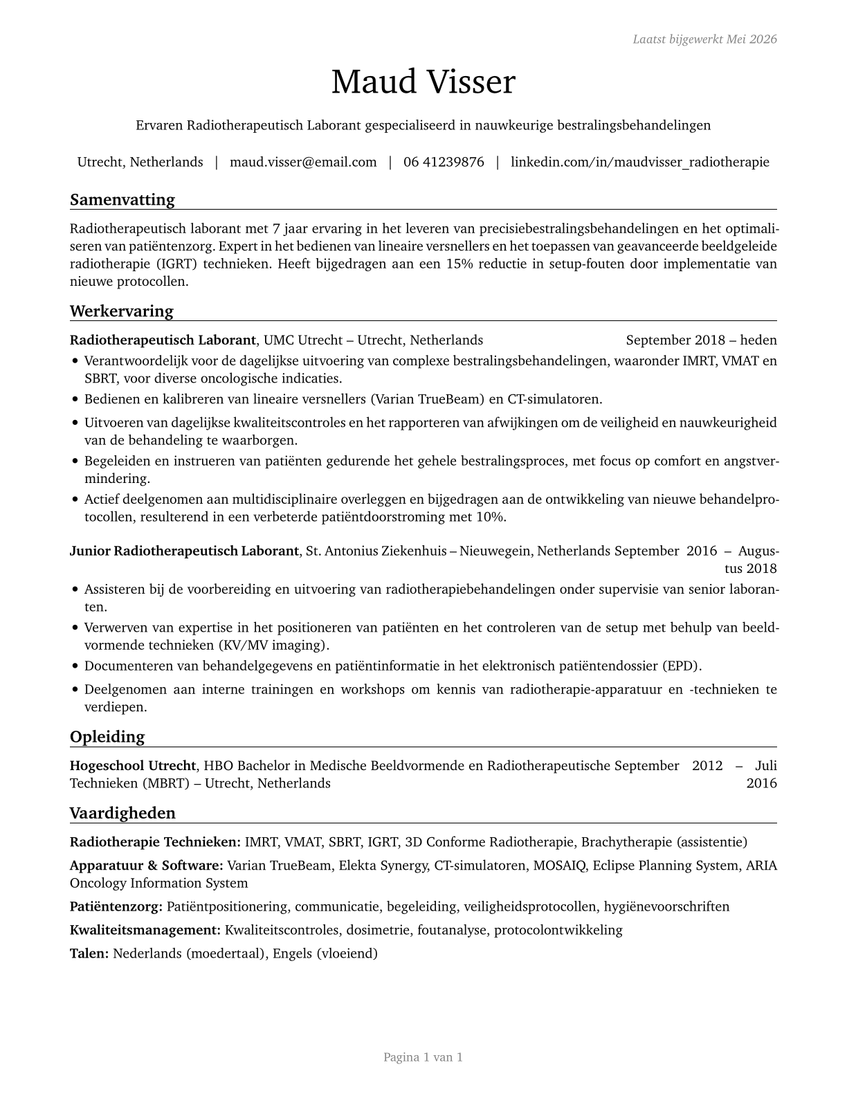 Radiation Therapists CV in Dutch — page 1