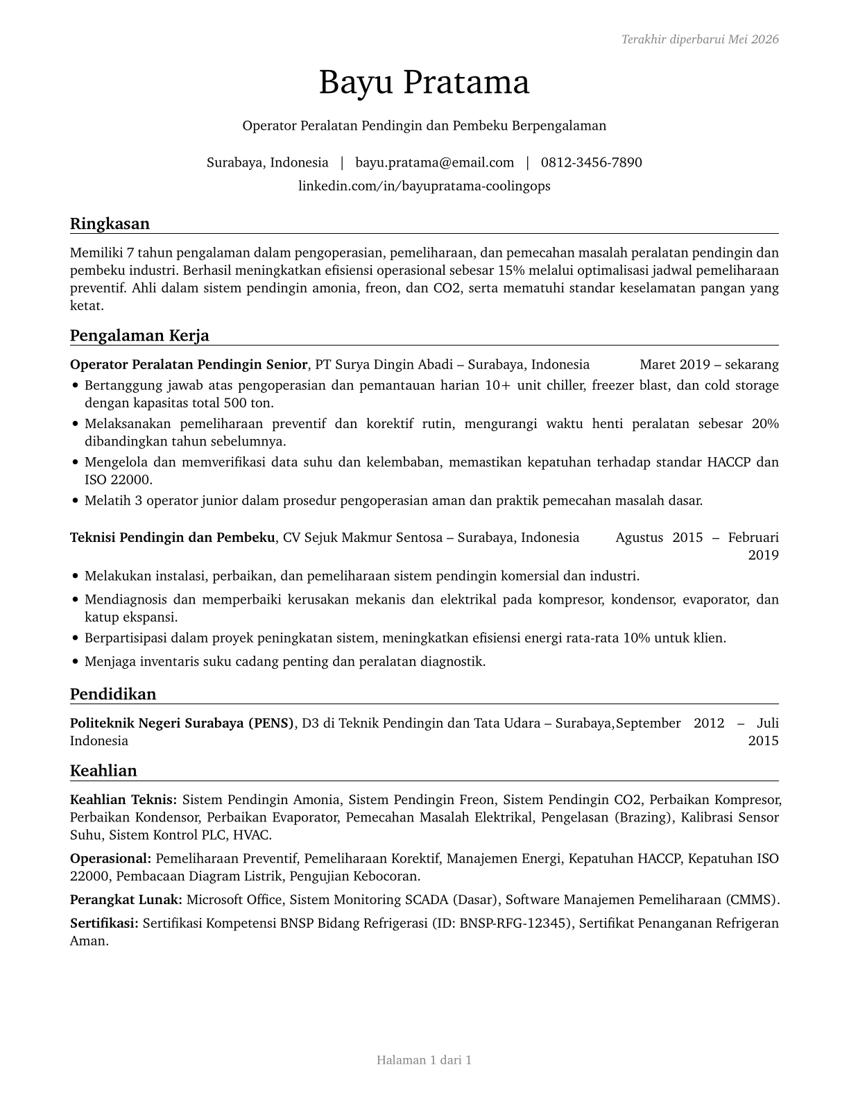 Cooling and Freezing Equipment Operators and Tenders CV in Indonesian — page 1