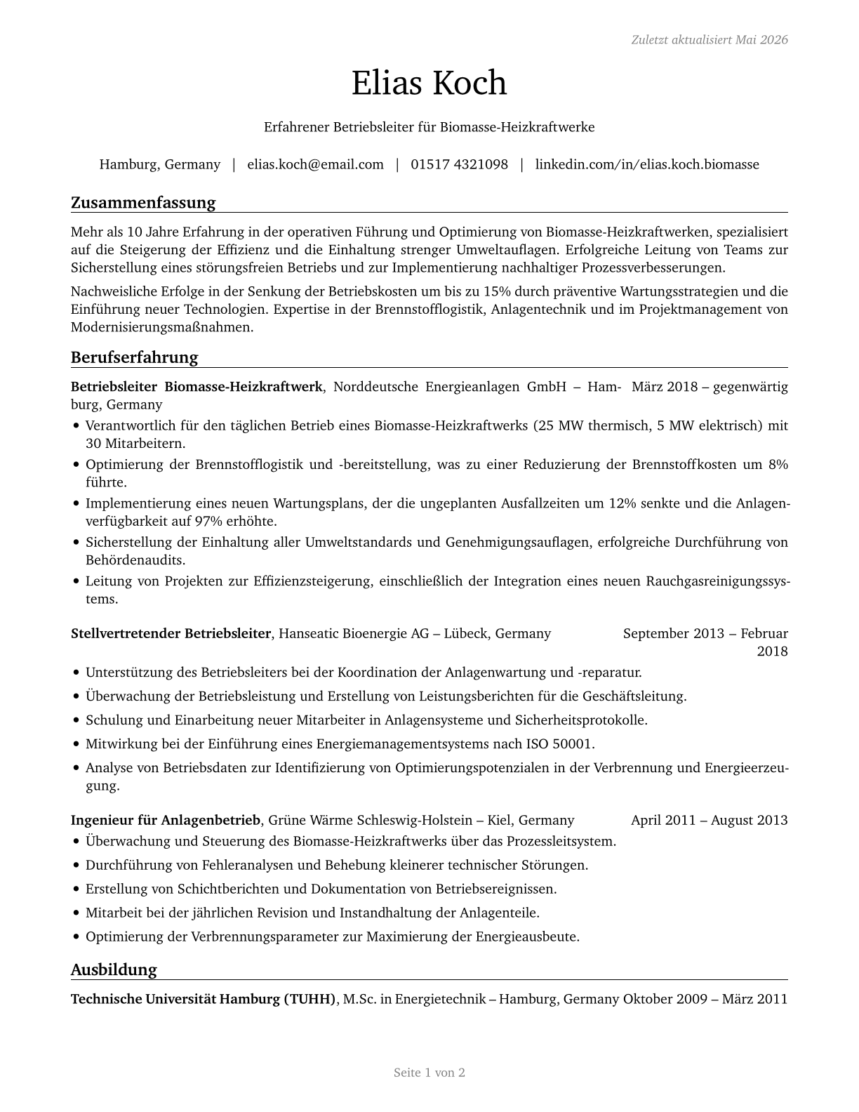 Biomass Power Plant Managers CV in German — page 1