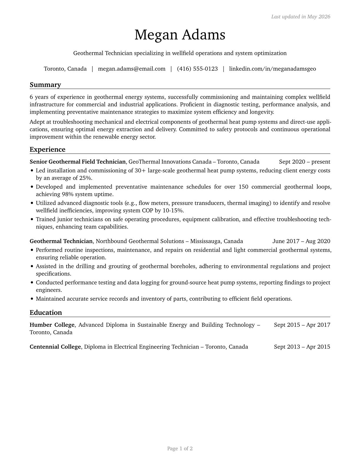 Geothermal Technicians CV in English — page 1