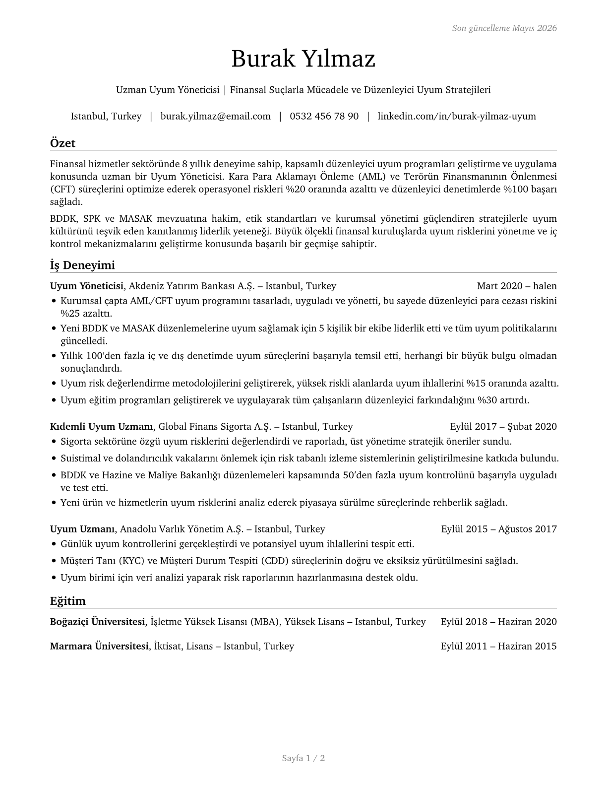 Compliance Managers CV in Turkish — page 1