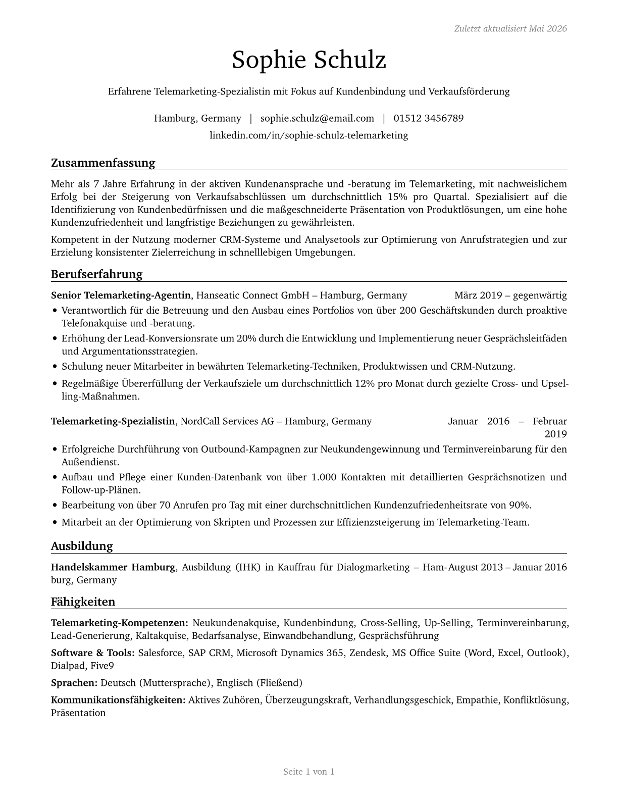 Telemarketers CV in German — page 1