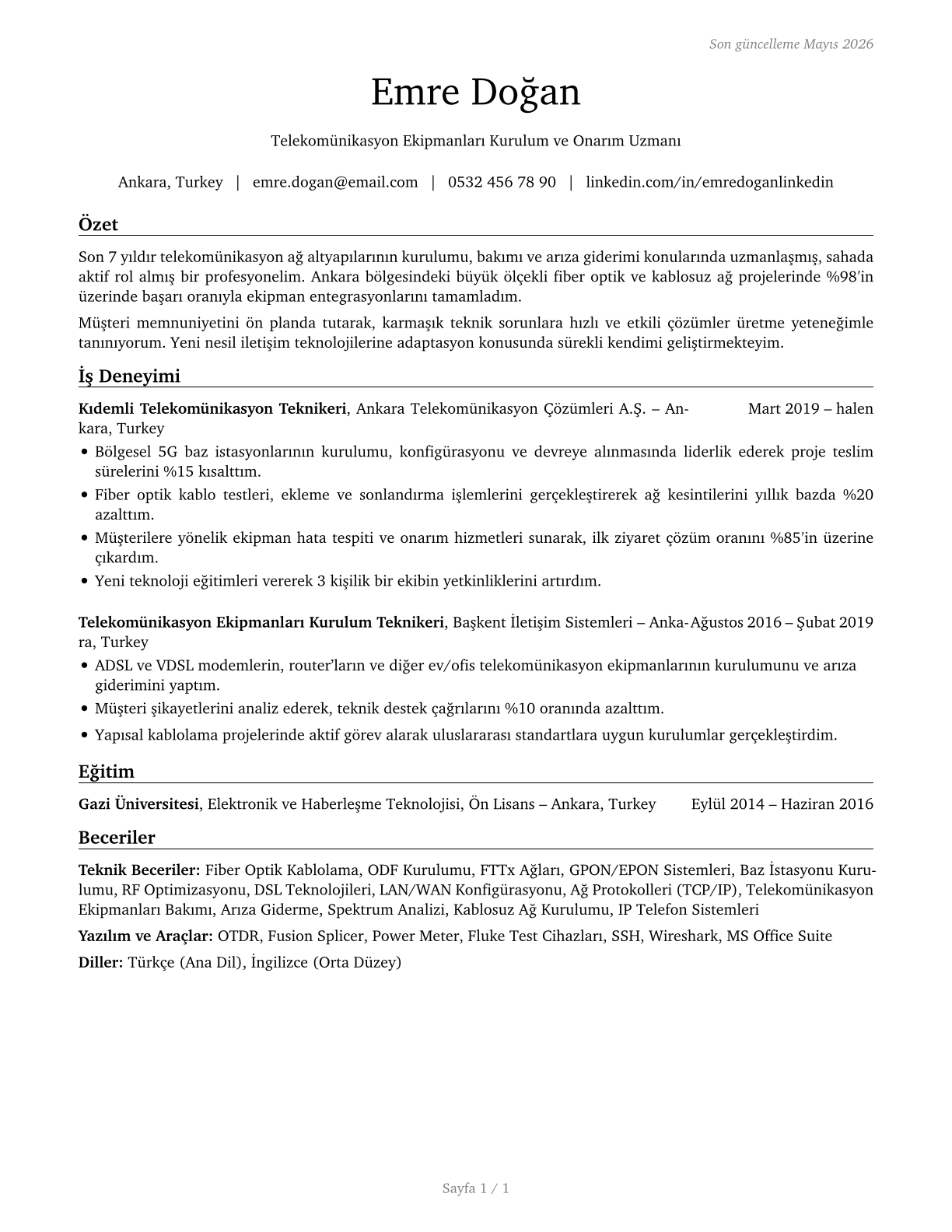 Telecommunications Equipment Installers and Repairers, Except Line Installers CV in Turkish — page 1