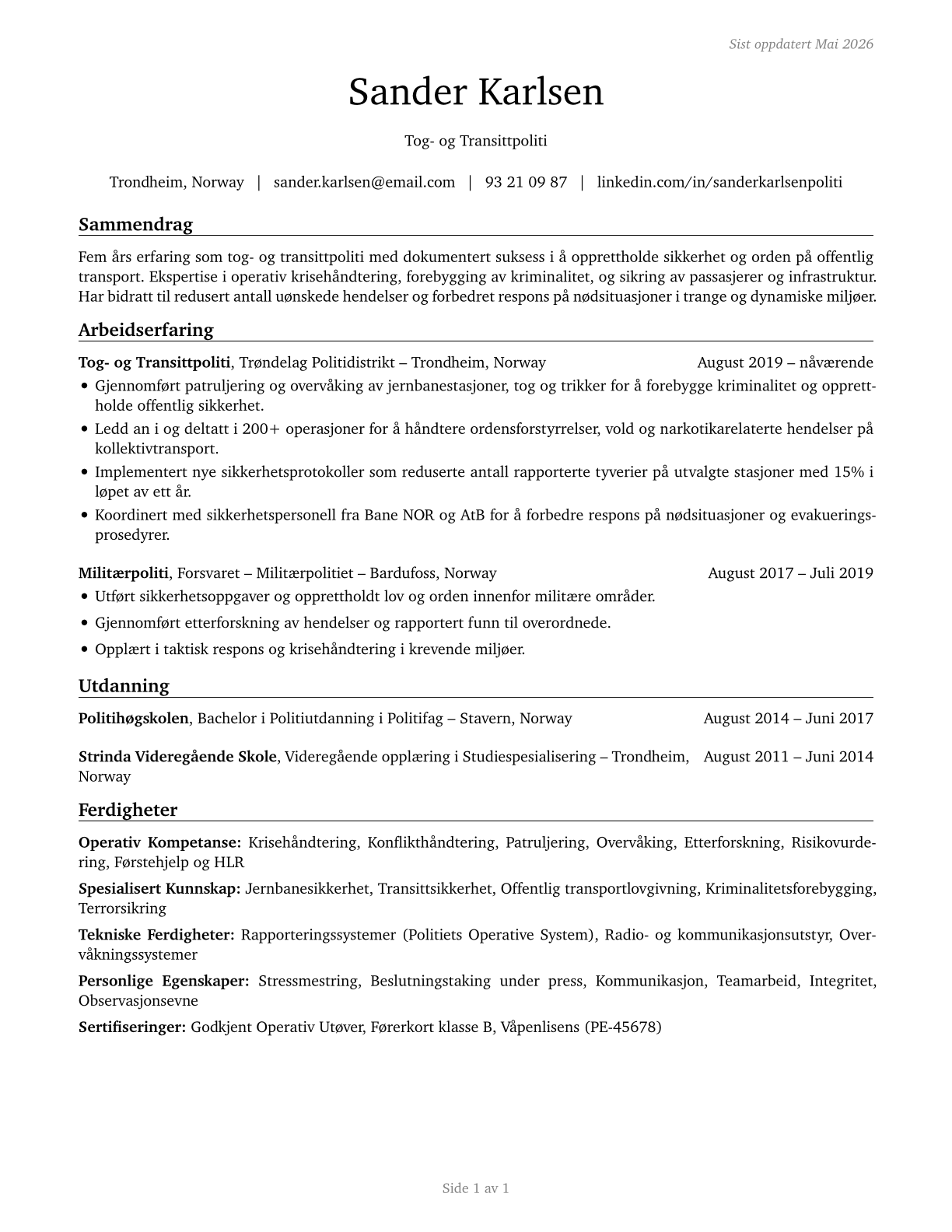 Transit and Railroad Police CV in Norwegian_bokmal — page 1