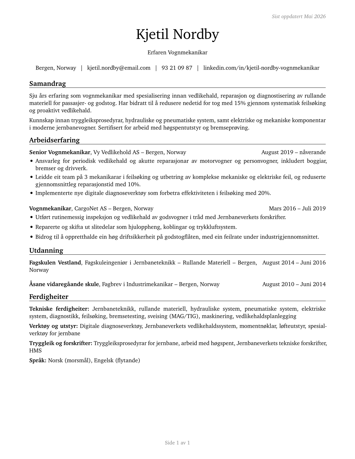 Rail Car Repairers CV in Norwegian_nynorsk — page 1