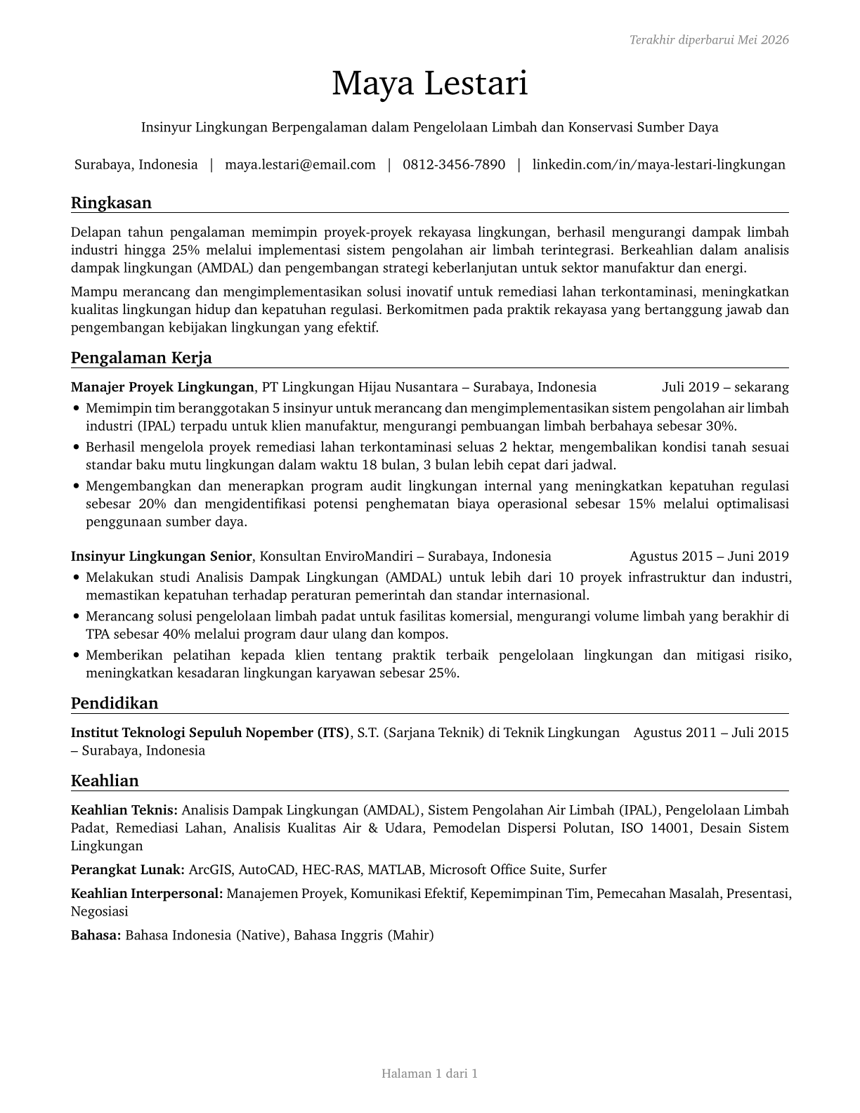 Environmental Engineers CV in Indonesian — page 1