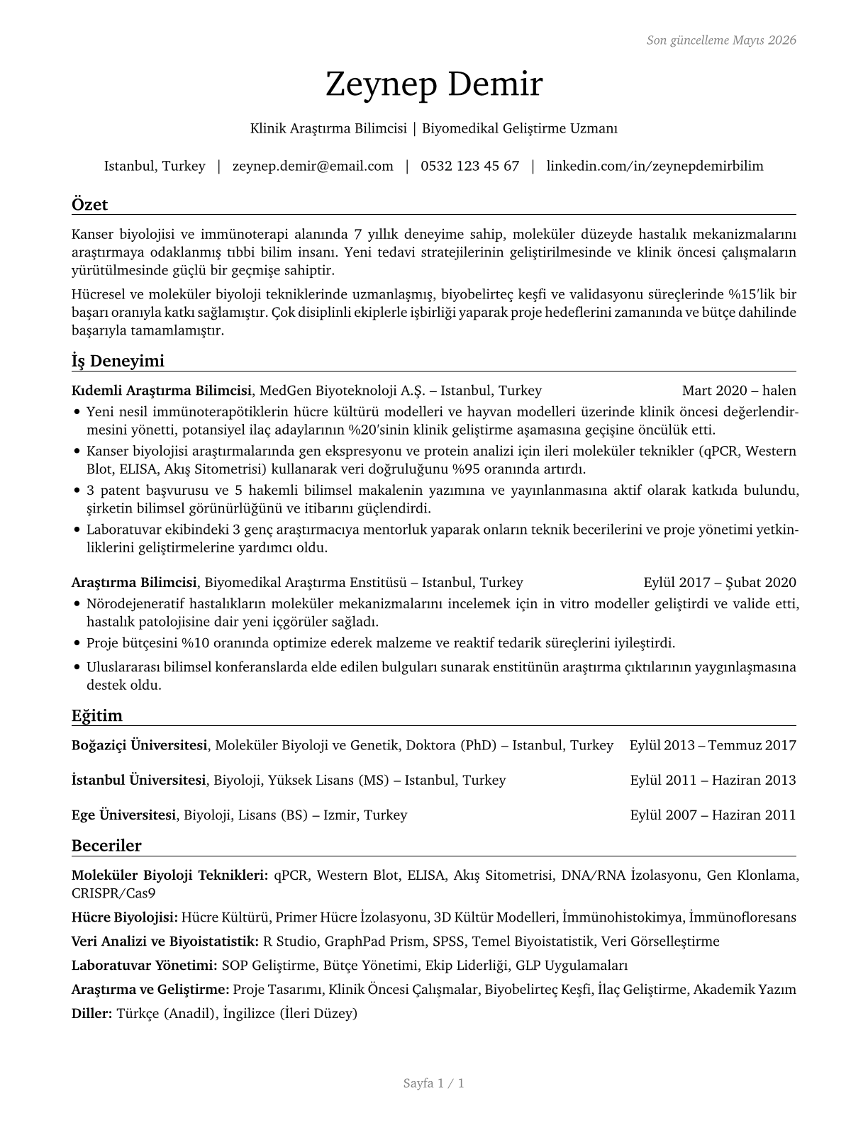Medical Scientists, Except Epidemiologists CV in Turkish — page 1