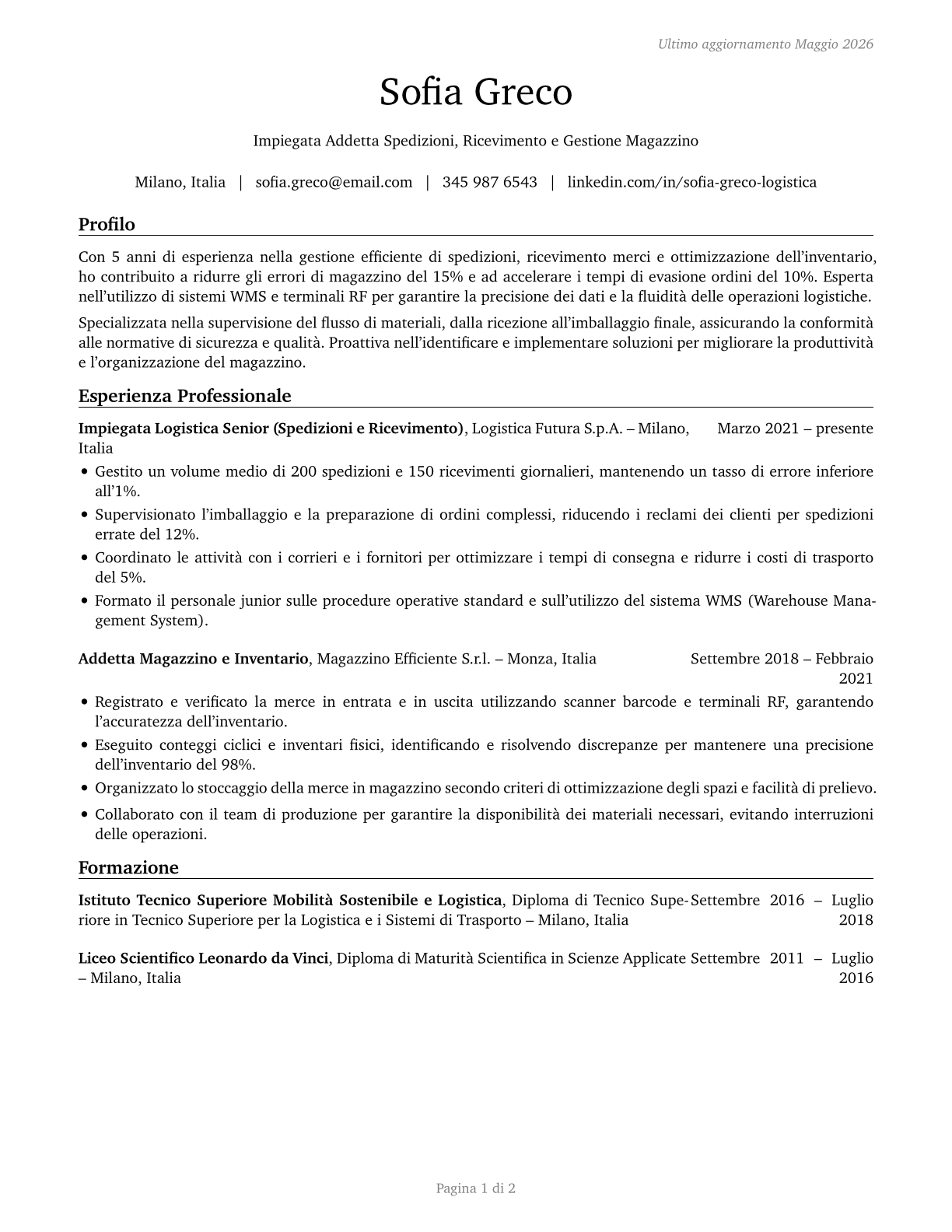 Shipping, Receiving, and Inventory Clerks CV in Italian — page 1