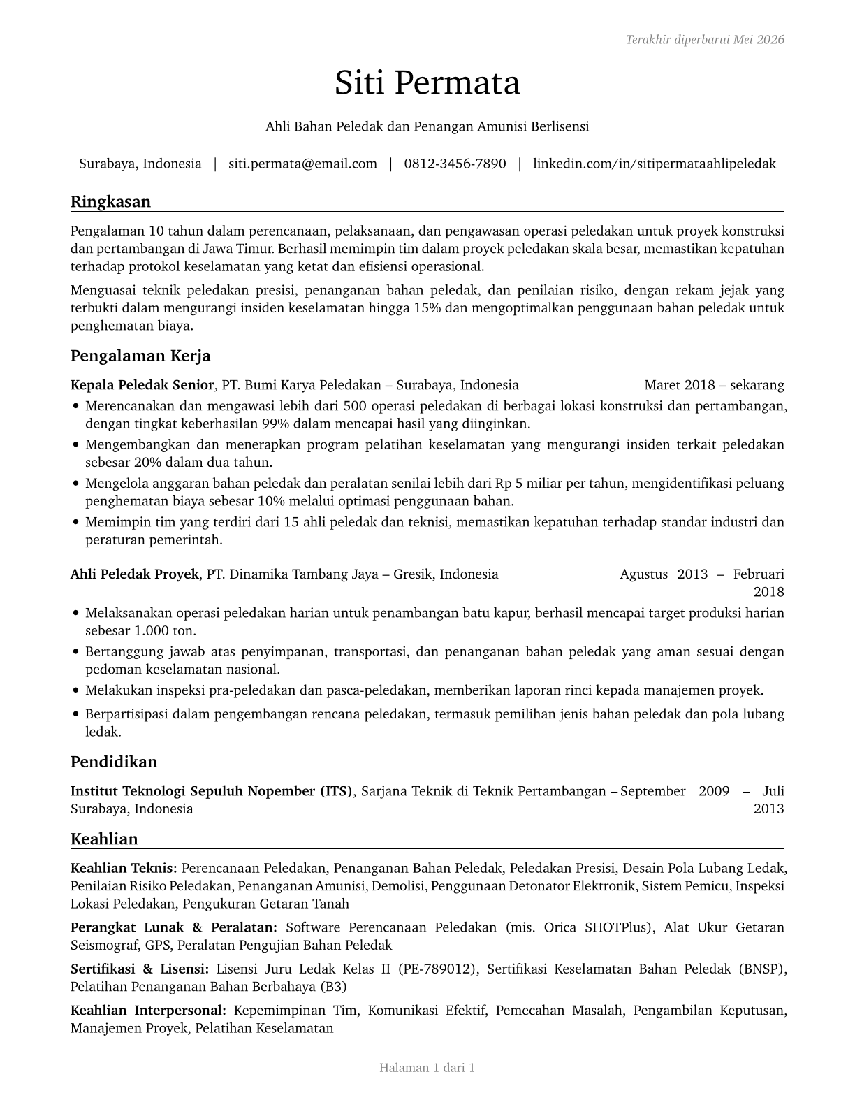 Explosives Workers, Ordnance Handling Experts, and Blasters CV in Indonesian — page 1