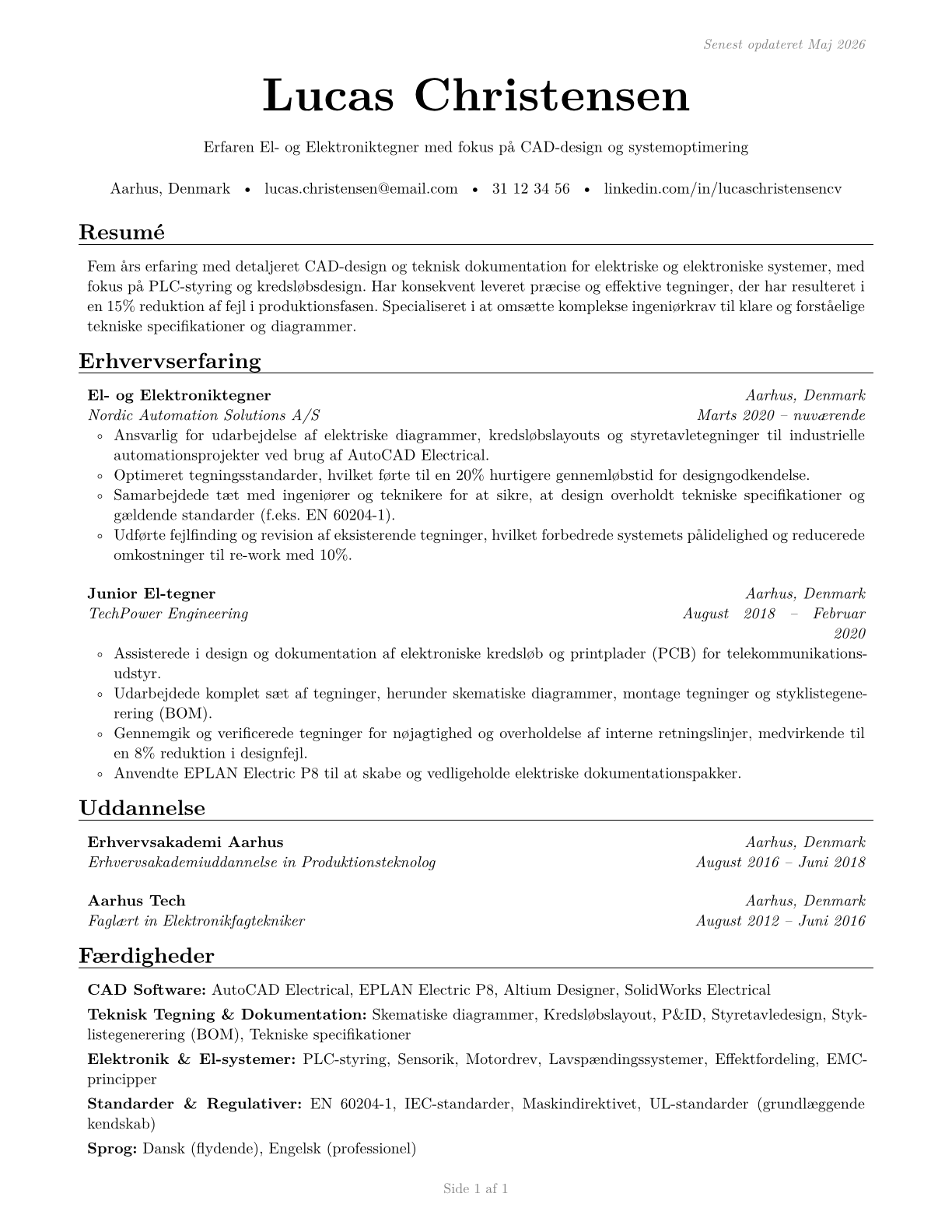 Electrical and Electronics Drafters CV in Danish — page 1